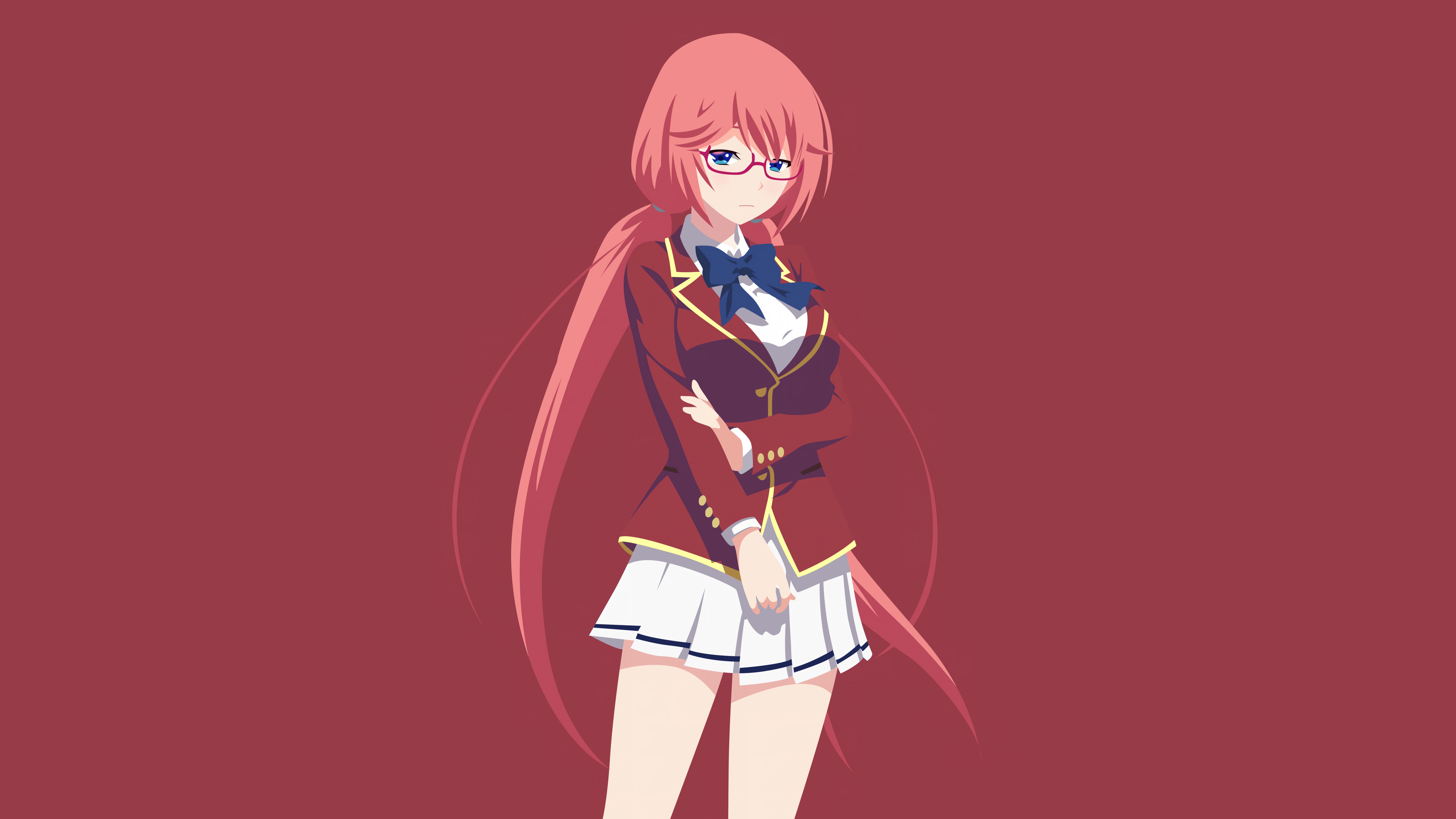 7680x4320 Youkoso Jitsuryoku Shijou Shugi no Kyoushitsu e, Sakura Airi, anime girls, school uniform, glasses, red background, simple backgroundx4320 Wallpaper