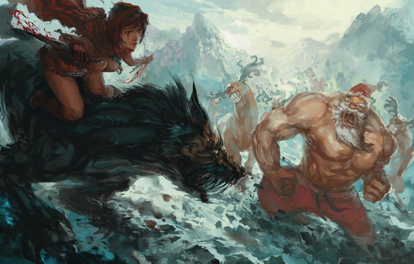 1332x850 Wallpaper winter, snow, new year, wolf, deer, art, christmas, Santa, Merry Christmas, Santa Claus, red riding hood image for desktop, section фантастика