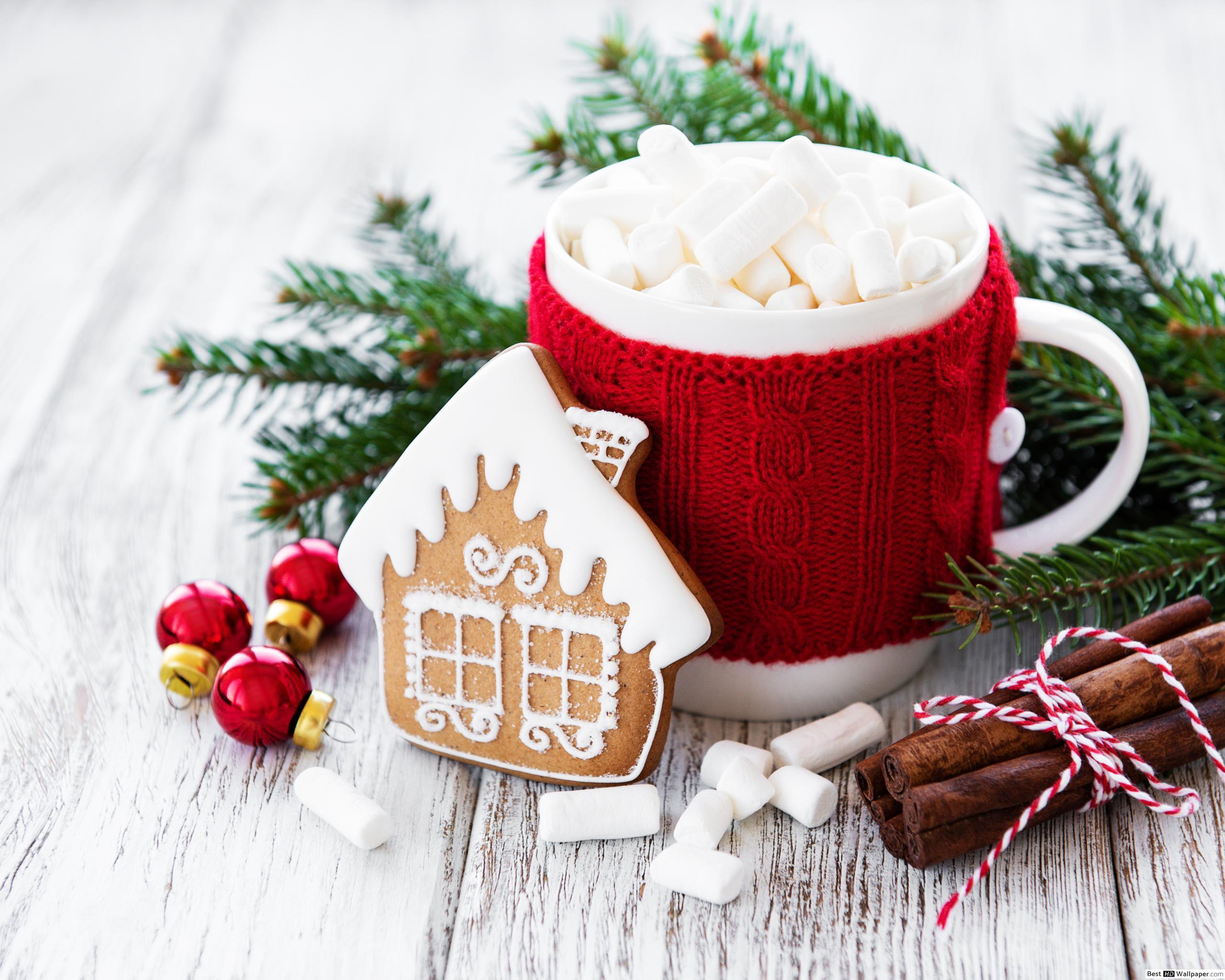 2560x2048 Red dress mug hot chocolate & Christmas gingerbread house HD wallpaper download