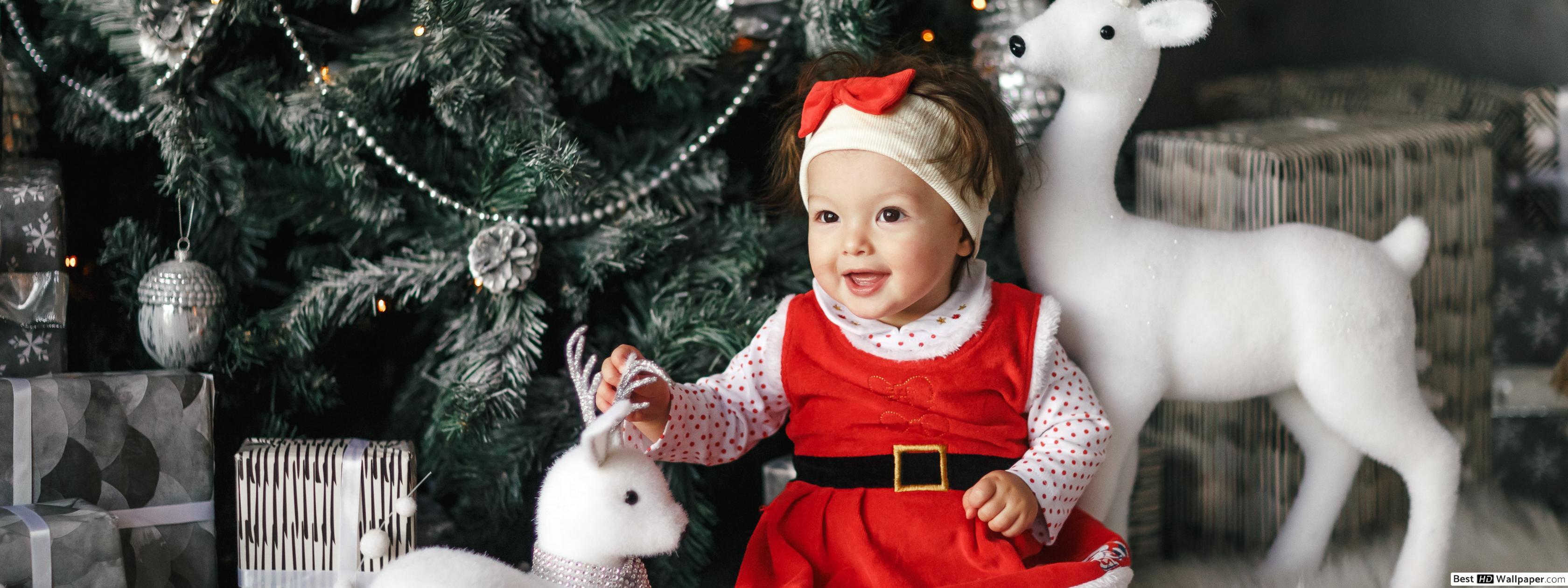 3360x1260 Adorable Santa Baby in red dress with white Christmas theme background HD wallpaper download