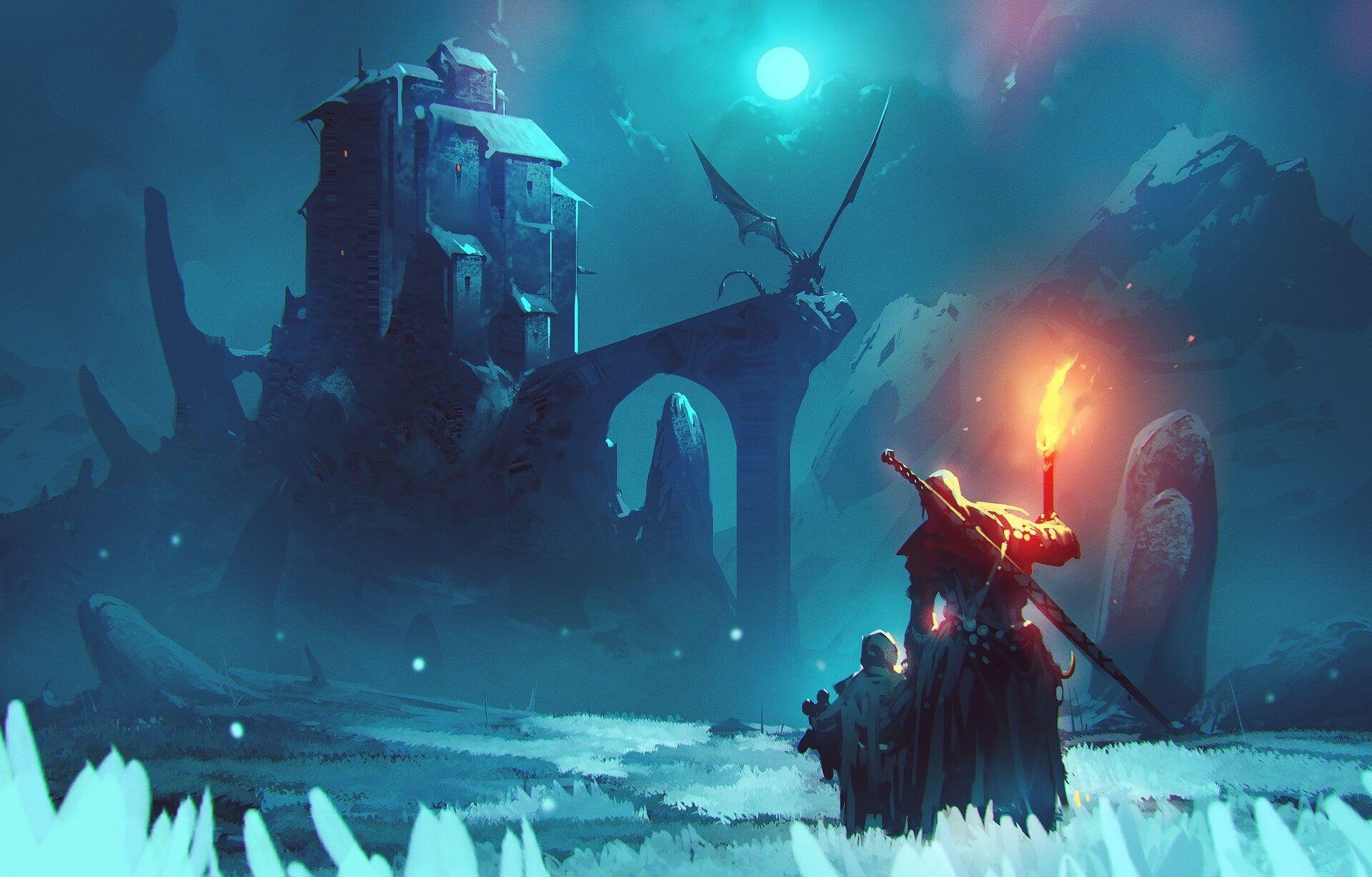 1920x1227 Fantasy Warrior Man Demon Castle Moon HD Wallpaper Background Image