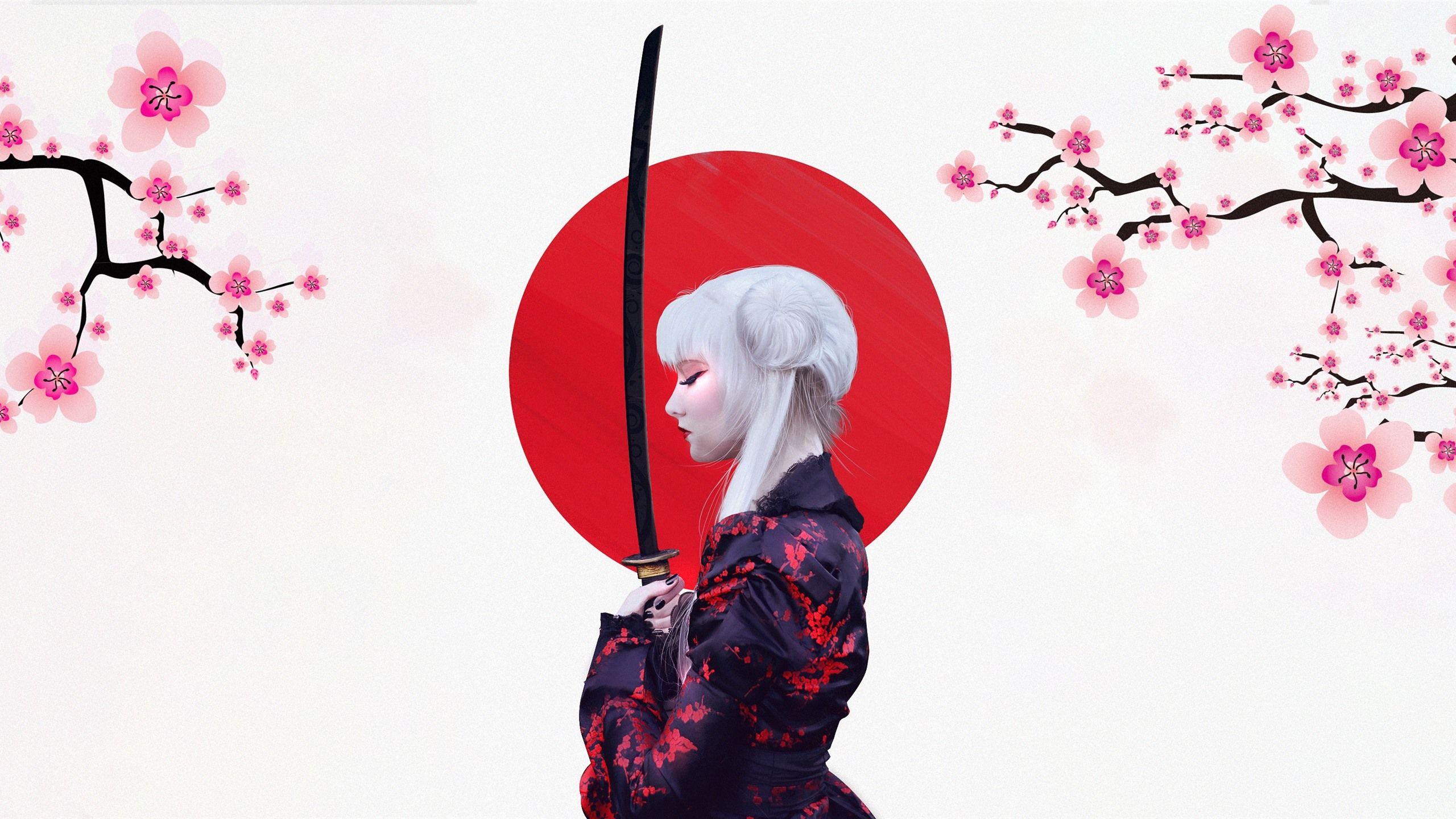 2560x1440 Wallpaper Japanese girl, kimono, sakura, sword, art picture 2560x1600 HD Picture, Image