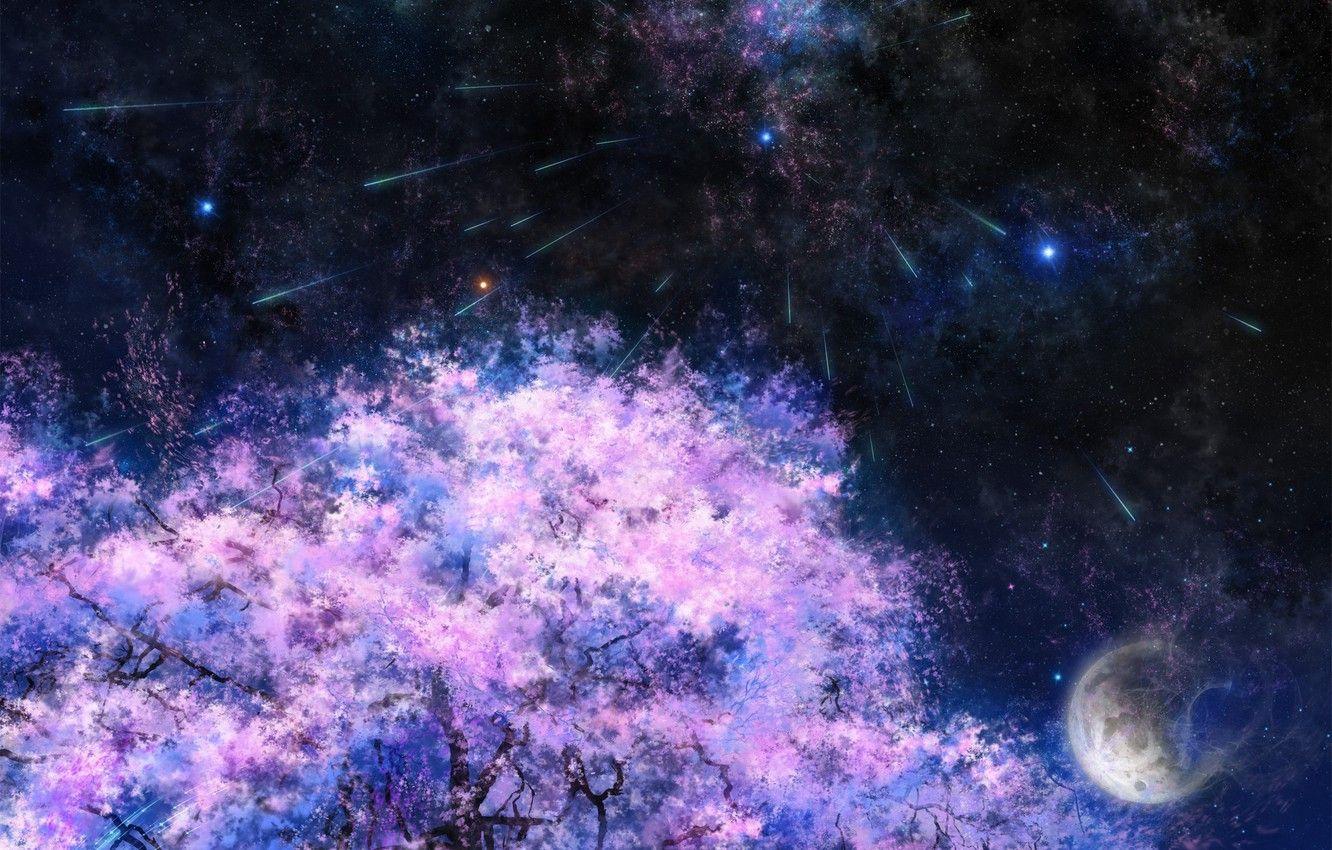 1332x850 Wallpaper space, stars, night, tree, the moon, Sakura, art, tsujiki image for desktop, section космос
