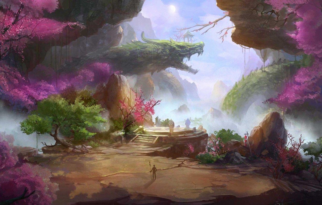 1332x850 Wallpaper trees, landscape, mountains, rocks, dragon, Asia, people, Sakura, art, spear, lanterns, fantasy world image for desktop, section фантастика