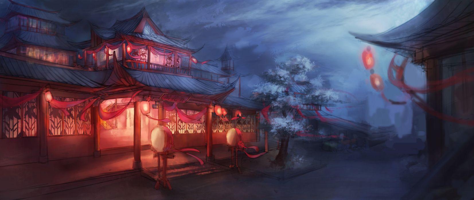 1653x700 Sakura fantasy art house night wallpaperx2000