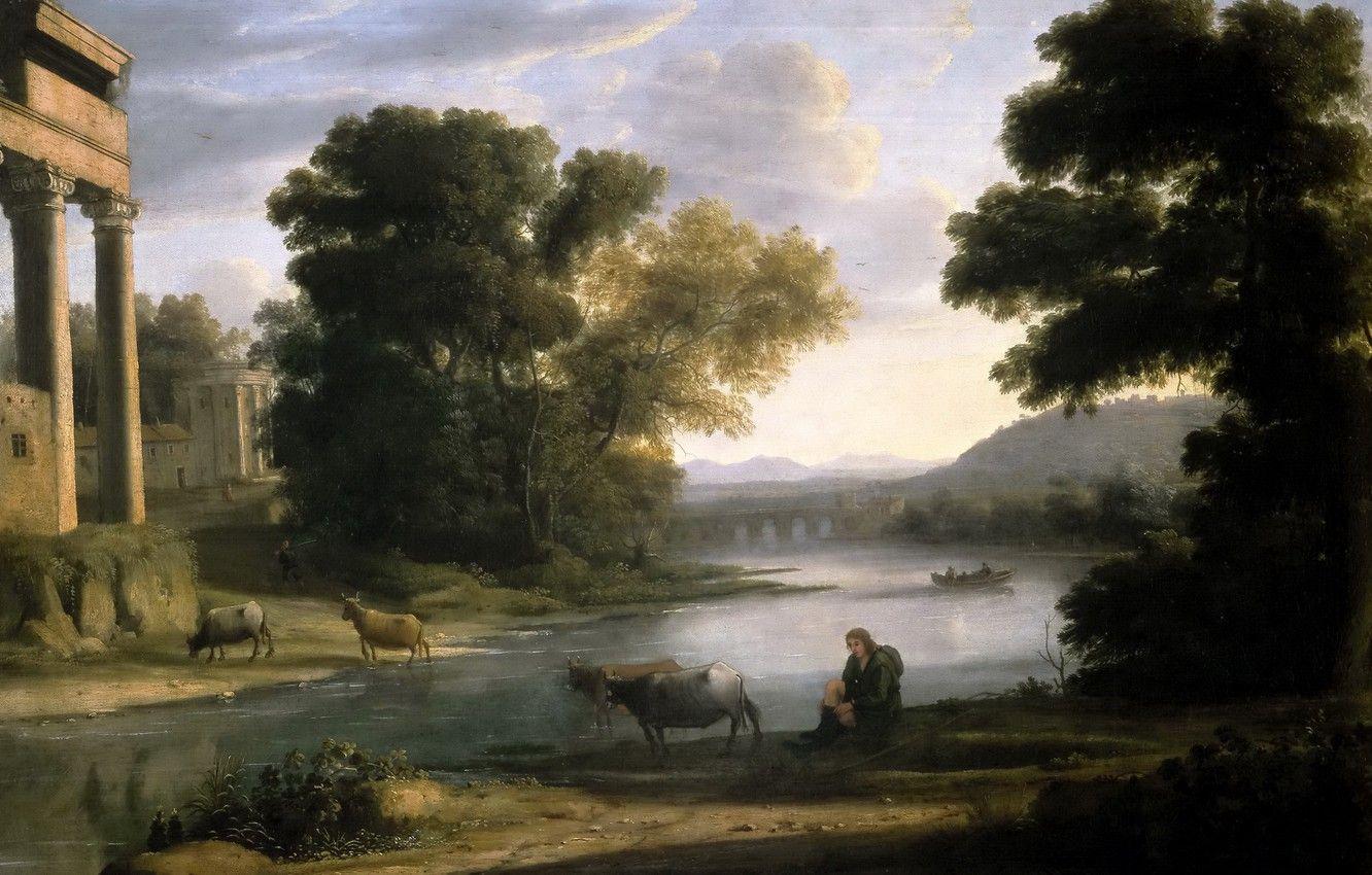 1332x850 Wallpaper animals, river, picture, Claude Lorrain, Landscape with a Shepherd image for desktop, section живопись