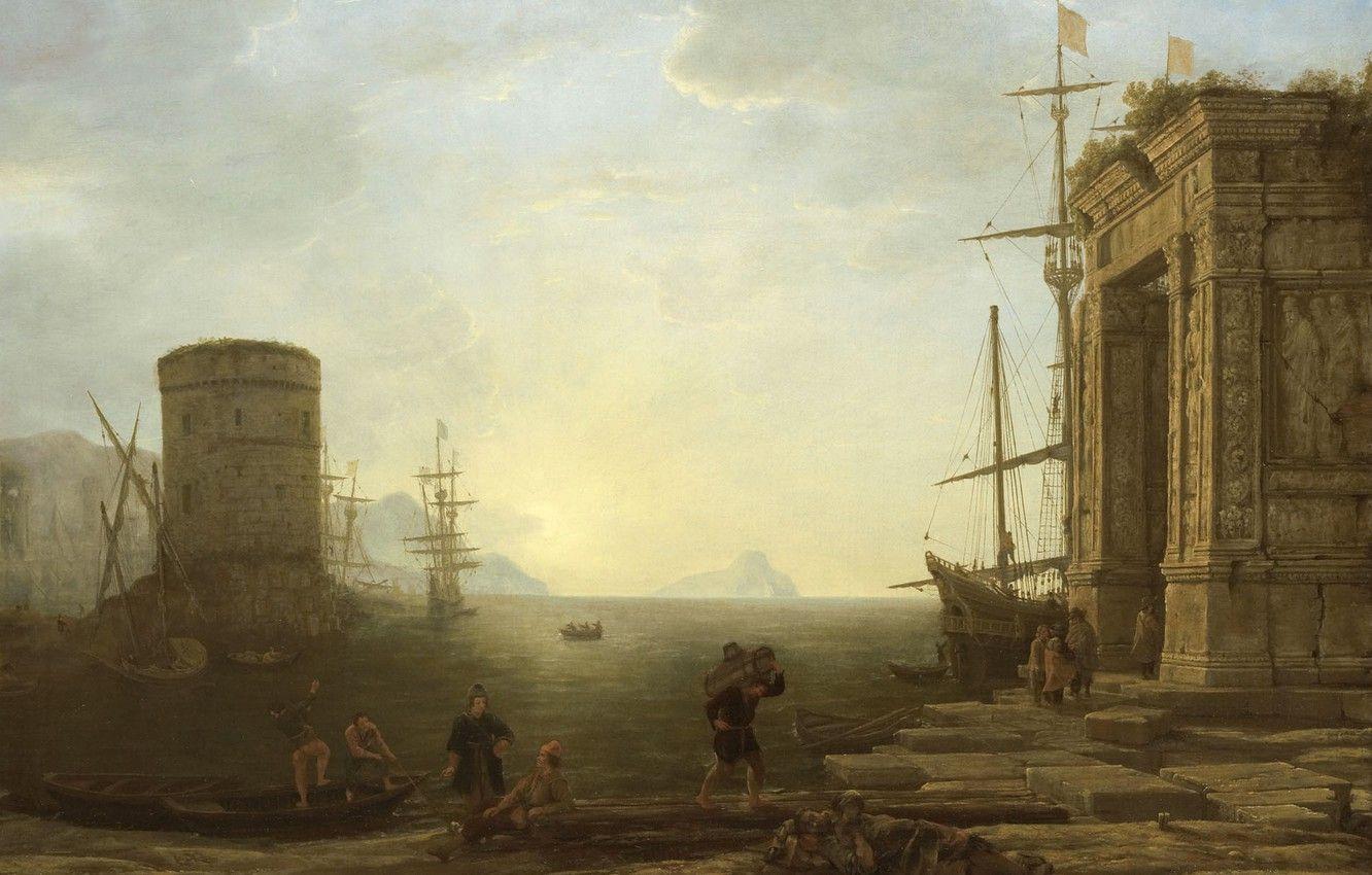 1332x850 Wallpaper landscape, picture, Claude Lorrain, Harbour view at Sunrise image for desktop, section живопись