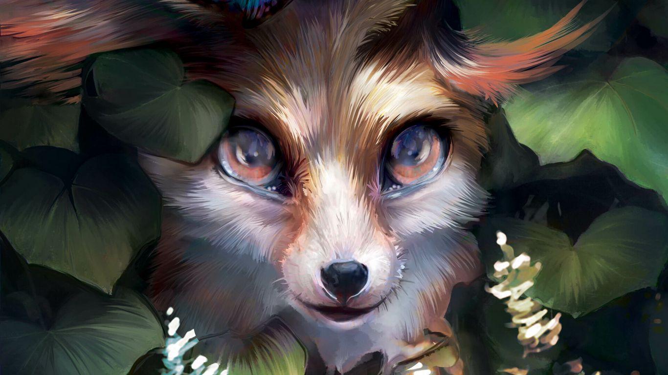 1366x768 Download wallpaper 1366x768 fox, cute, art, butterfly, leaves tablet, laptop HD background