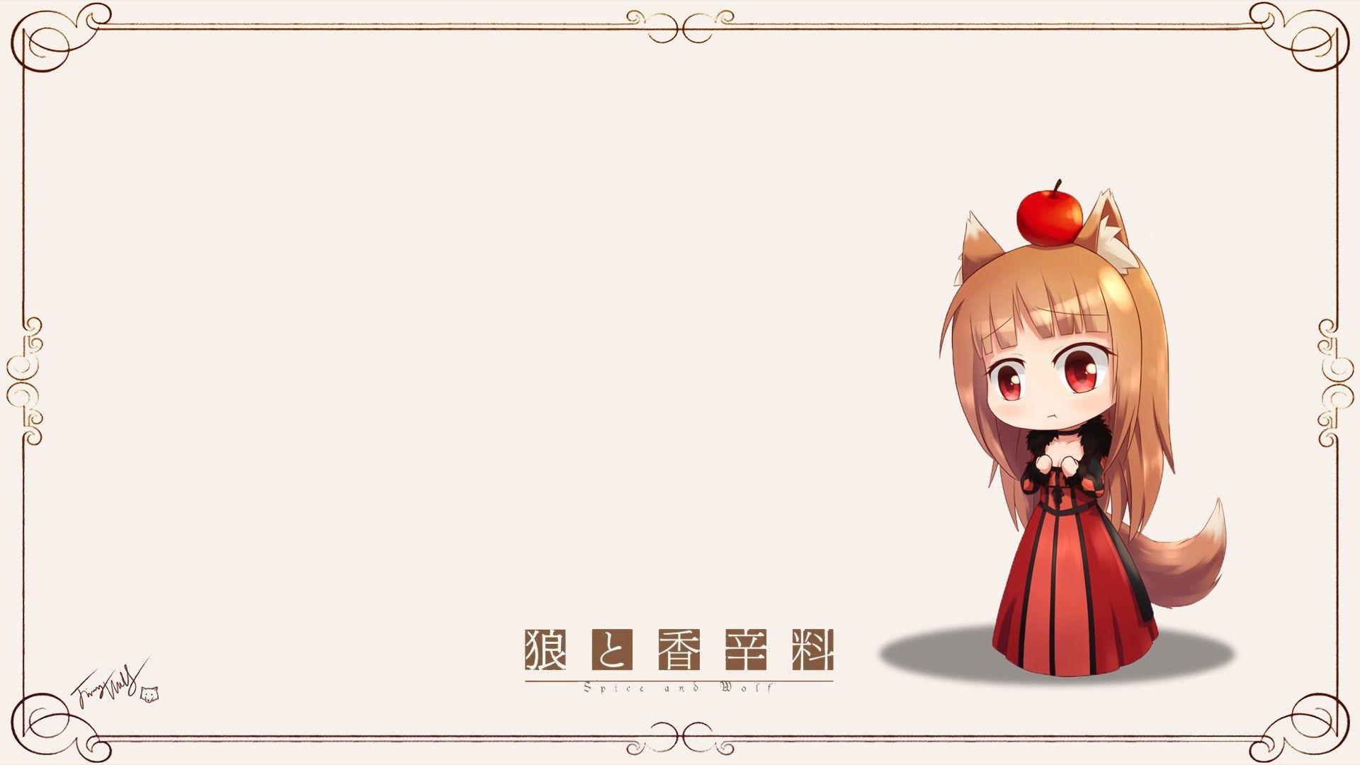 1920x1080 tails, Spice and Wolf, cosplay, food, chibi, long hair, brown, parody, red eyes, blush, kitsunemimi, Maoyuu Maou Yuusha, Apple wallpaper