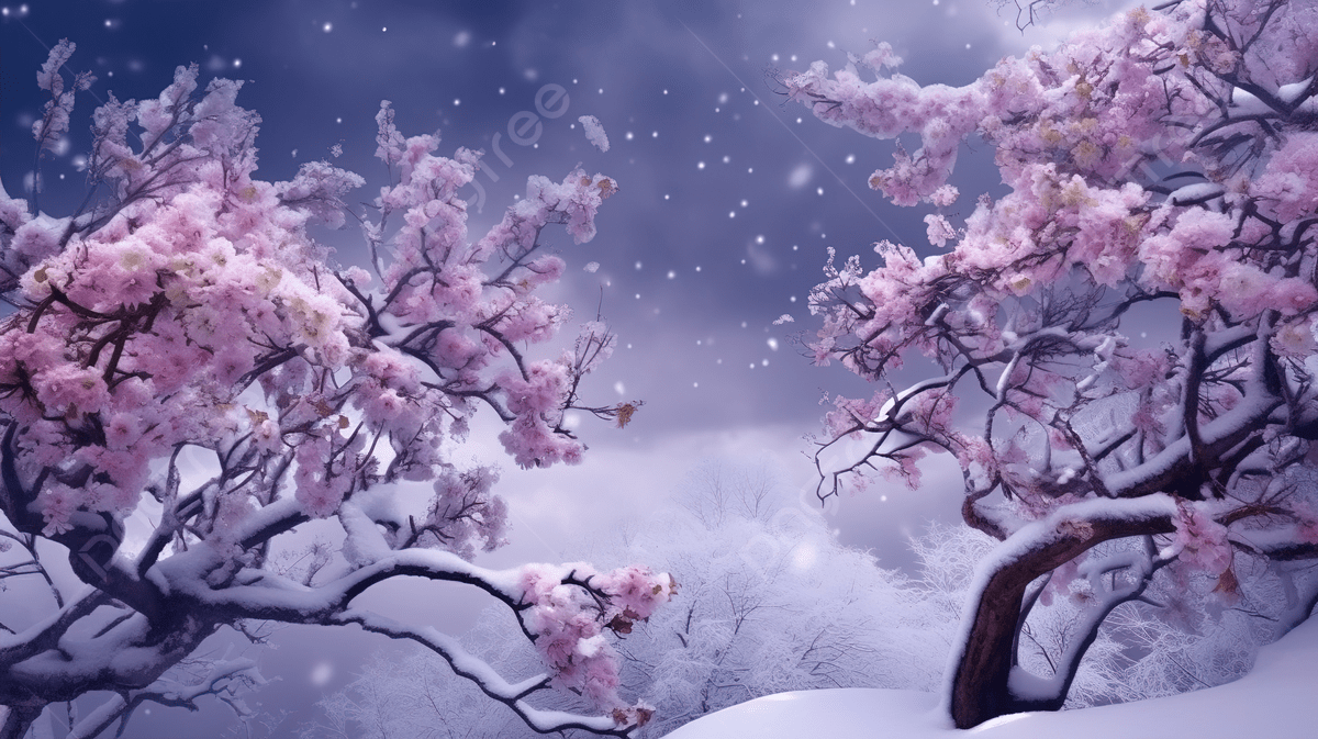 1200x673 Sakura Blossom In The Snow And Cloud With A Snowstorm, 3D Mural Wallpaper Dark Purple Snowy Background Branches Flowers Floral Background With And Clouds, HD Photography Photo, Wallpaper Background Image And Wallpaper