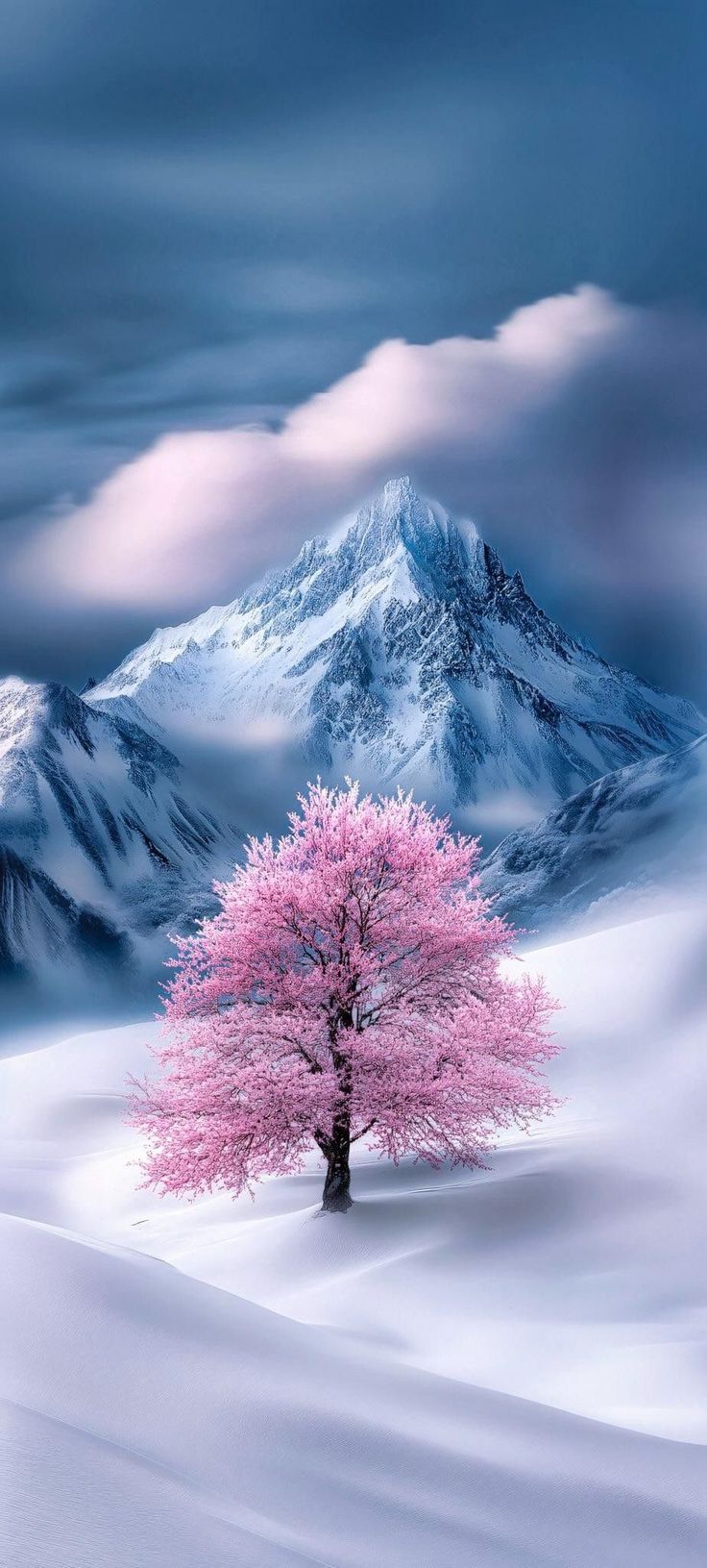 736x1631 Pink tree snow landscape. Pink tree in snow, Snowy forest with pink trees, Wallpaper sakura