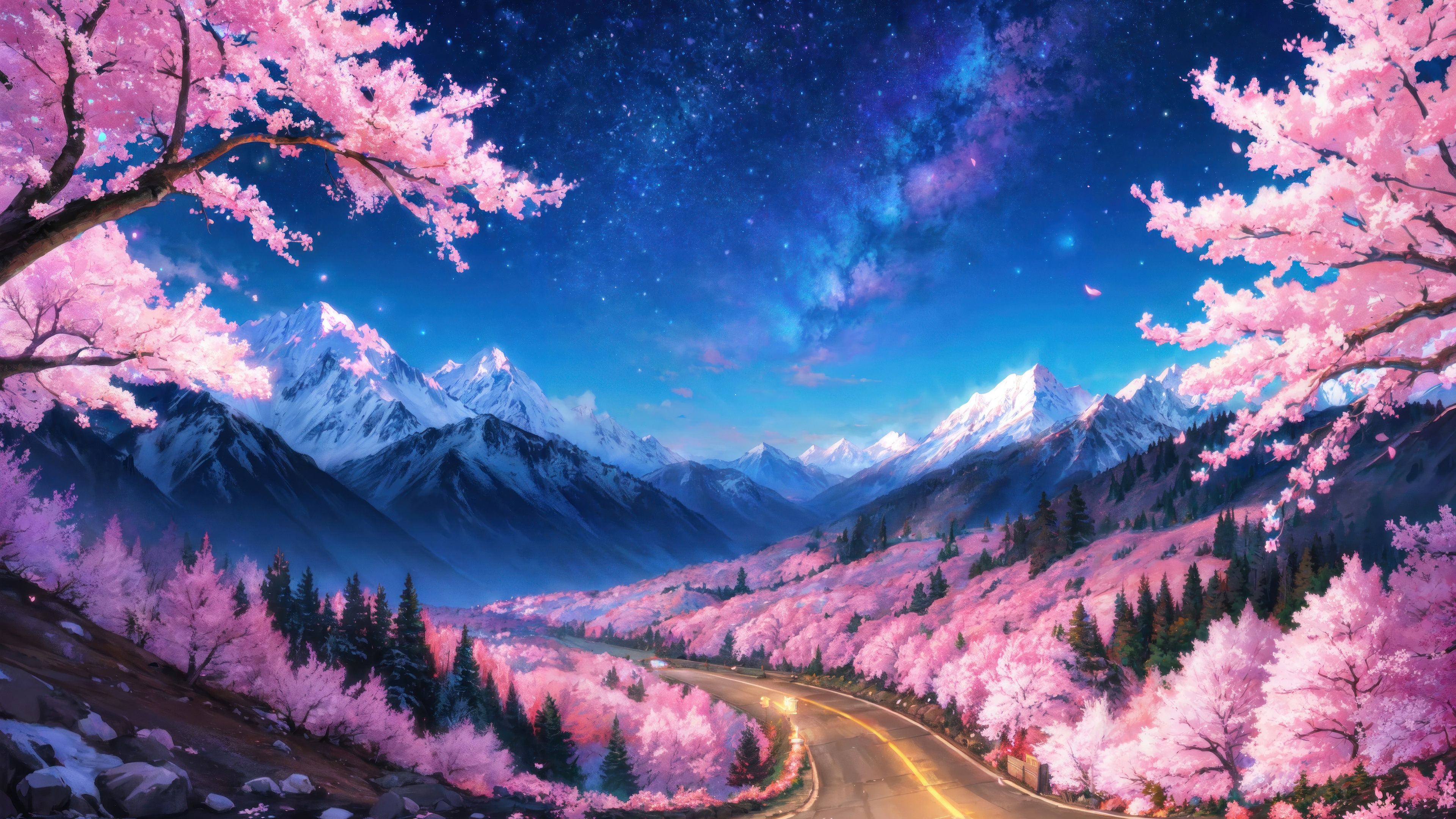 3840x2160 Wallpaper forest, sky, night, mountain, scenery, cherry blossom, digital art, snowy for mobile and desktop, section ии арт, resolution 3840x2160
