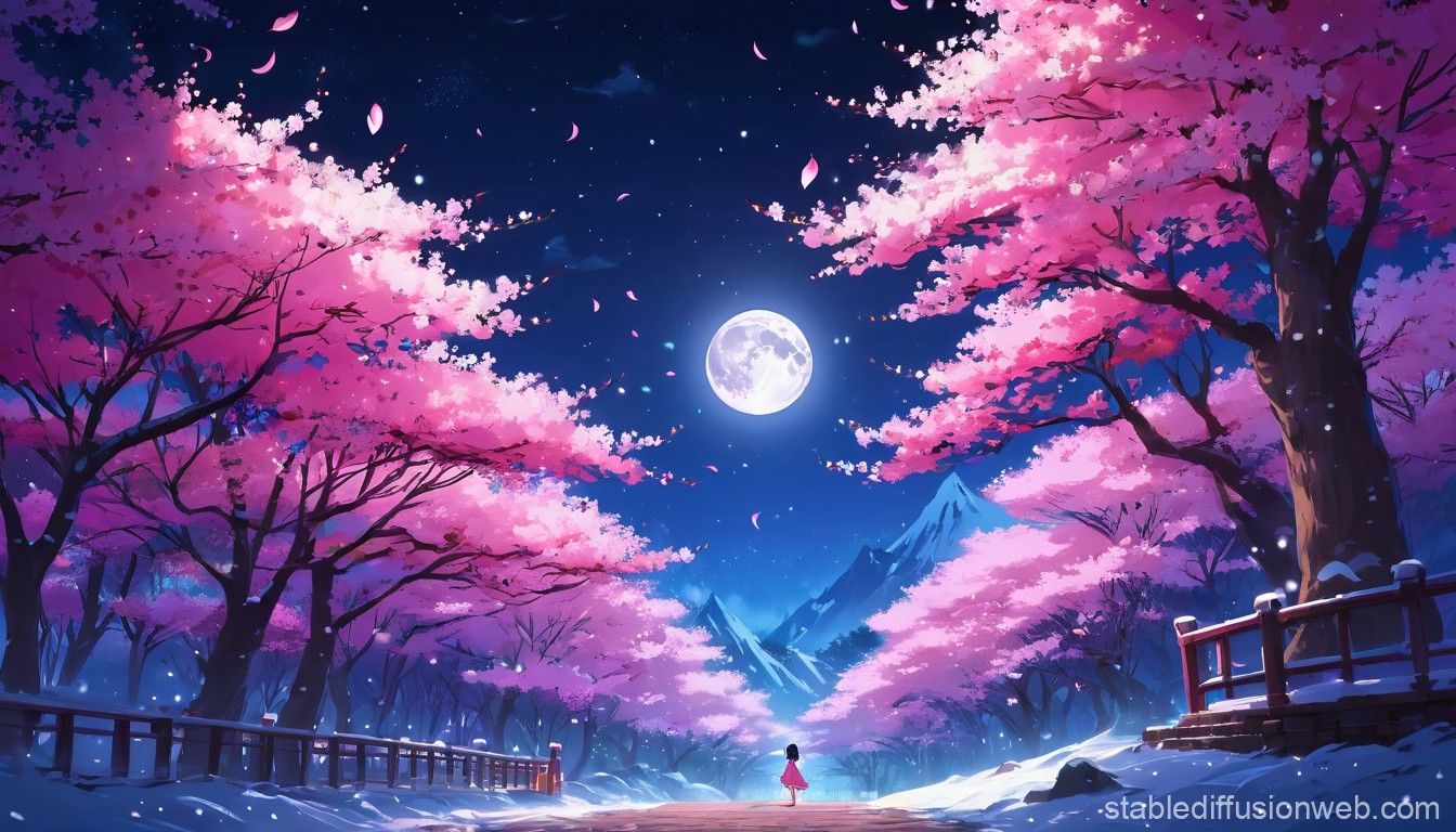 1344x768 Cherry Blossom Moonlit Forest Desktop Wallpaper. Stable Diffusion Online