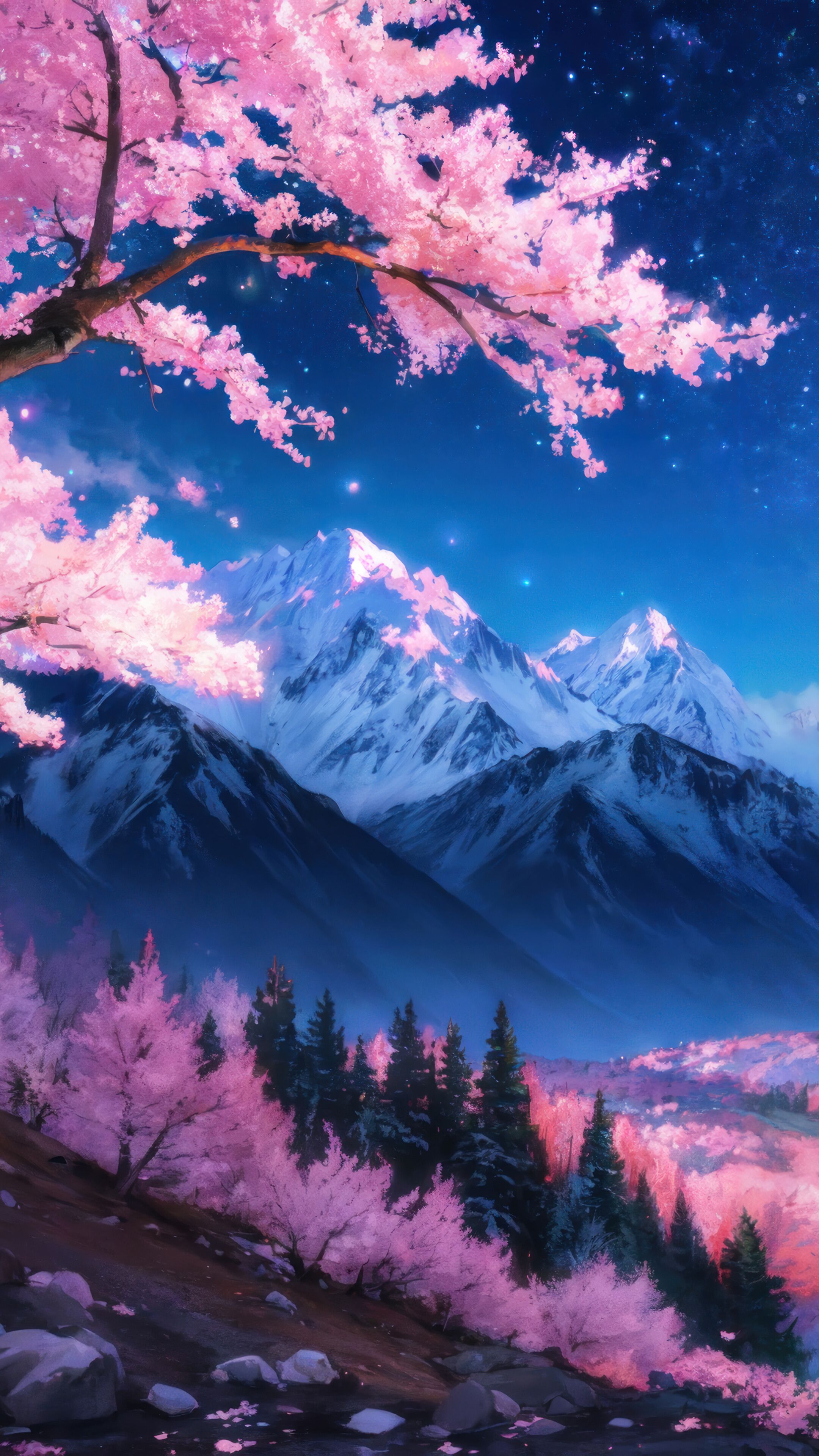 2160x3840 Cherry Blossom Forest Snowy Mountain Scenery Starry Night Sky 4K Wallpaper iPhone HD Phone l