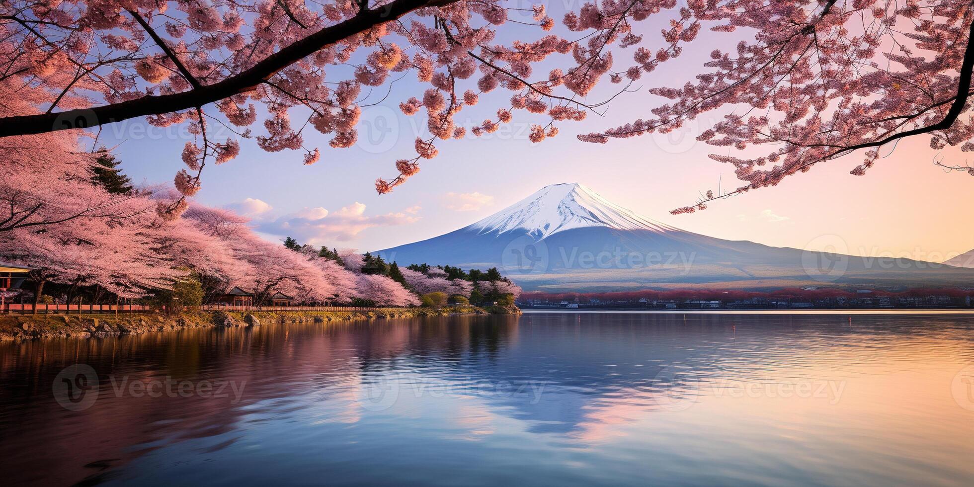 1960x980 Nature background, Nature wallpaper, Majestic snow capped Mount Fuji viewed across a blue lake with blooming cherry blossom branches