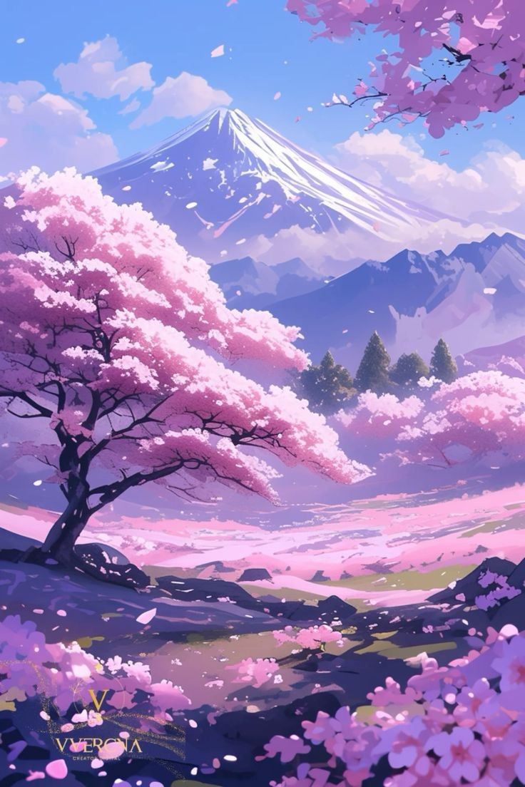 736x1104 Pink Flowers Painting with Snowy Mountain Background. Cherry blossom wallpaper ideas, Mountain landscape with sakura, Sakura cherry blossom with mountain