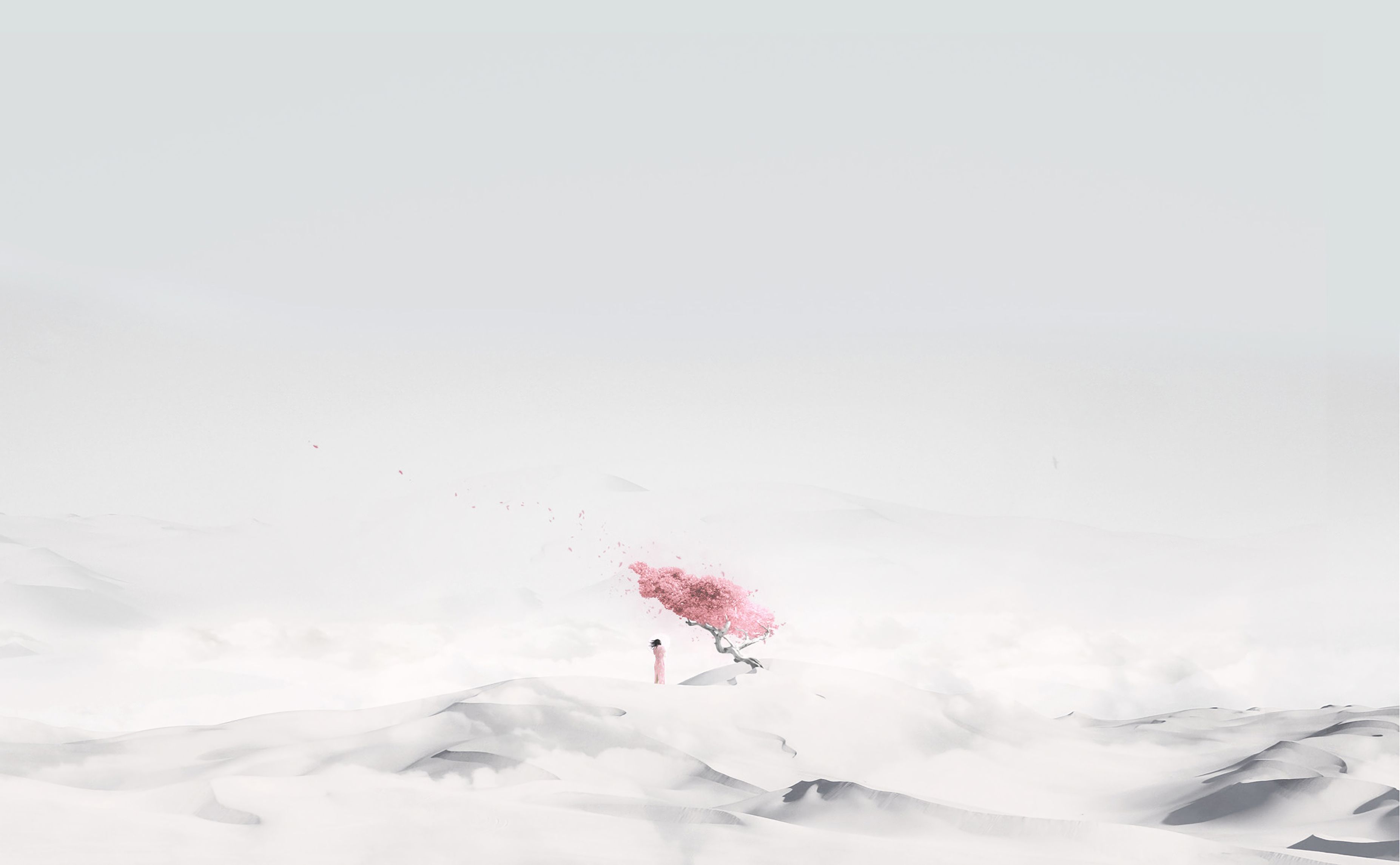 3708x2290 Phone wallpaper: Minimalism, Sakura, Girl, Desert 138710