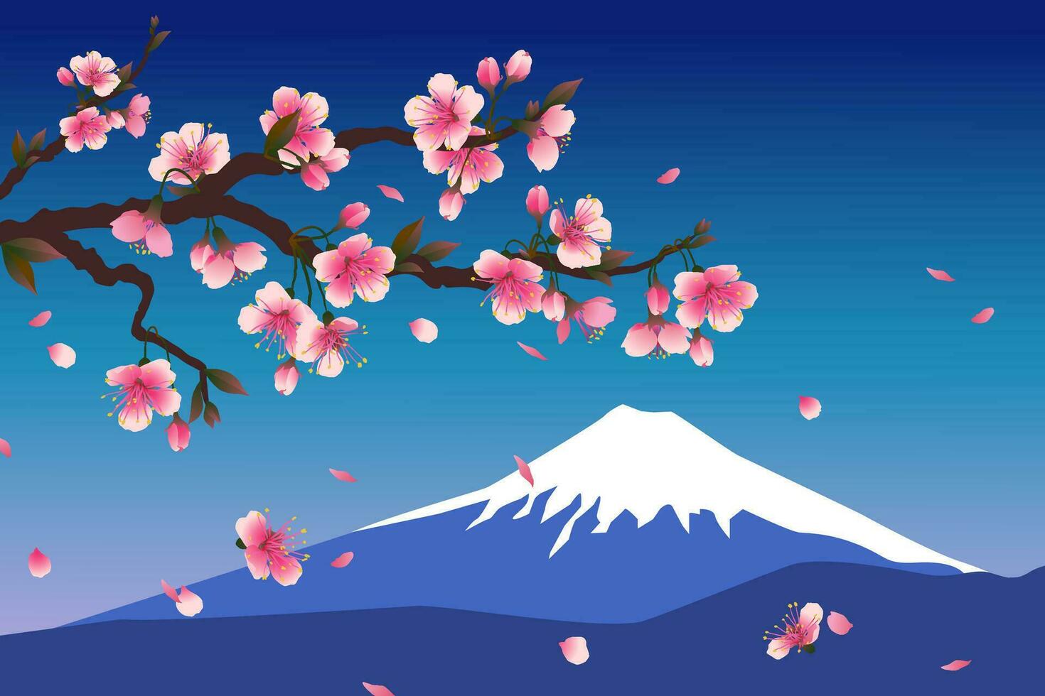 1470x980 Sakura blossom branch on the background of Fujiyama. Snowy peak of the mountain. Realistic vector illustration of falling pink petals