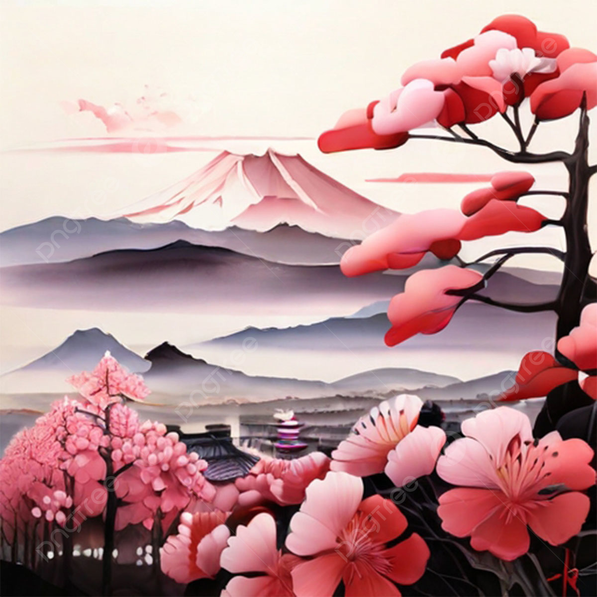 1200x1200 Japanese Peaceful Atmosphere Big Snowy Mountains In The Background And Pink Cherry Blossom Tree, Japanese Peaceful Atmosphere Big Snowy Mountains In The Background, Pink Cherry Blossom Tree, Sakura Background Image And Wallpaper