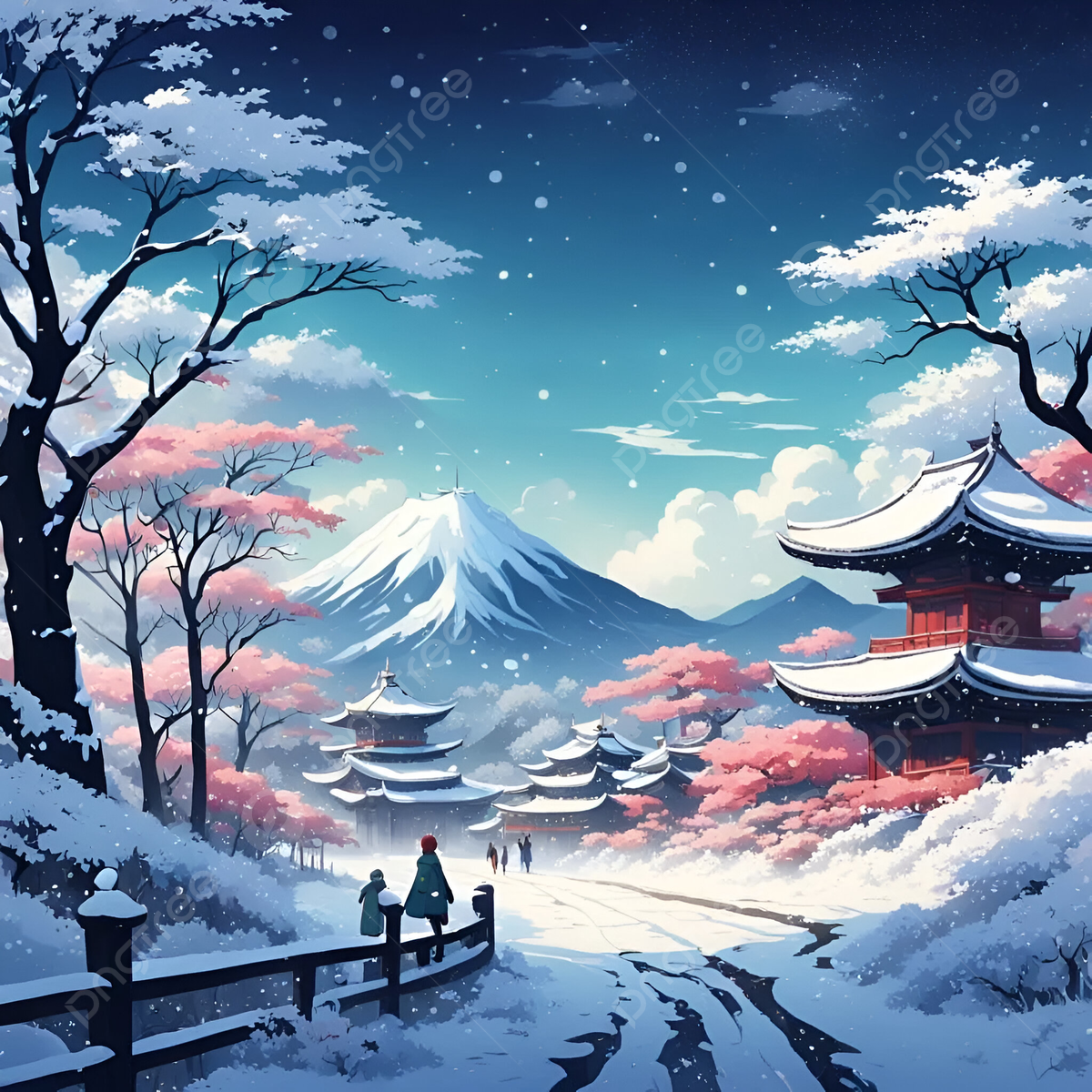 1200x1200 Background Japanese Village Free Sakura Village Twilight Image Japan, Sakura, Fuji Download