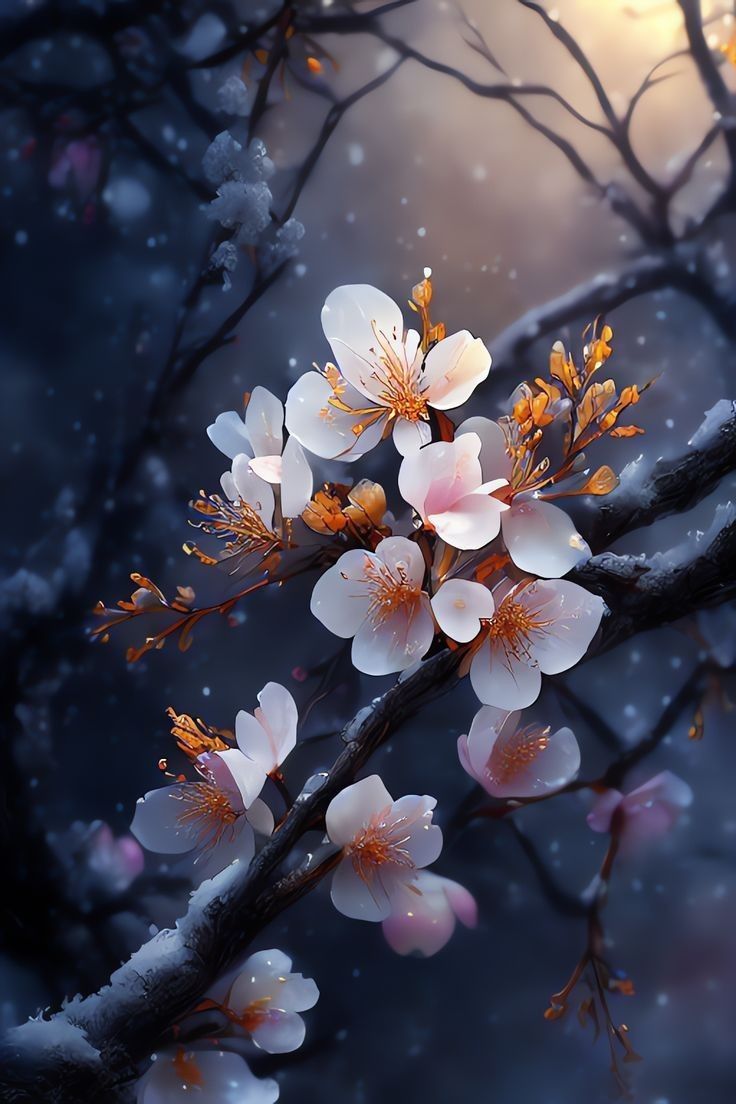 736x1104 White and Orange Flowers on a Snowy Tree Branch. Winter blossom art, Winter cherry blossoms, Cherry blossom background with birds