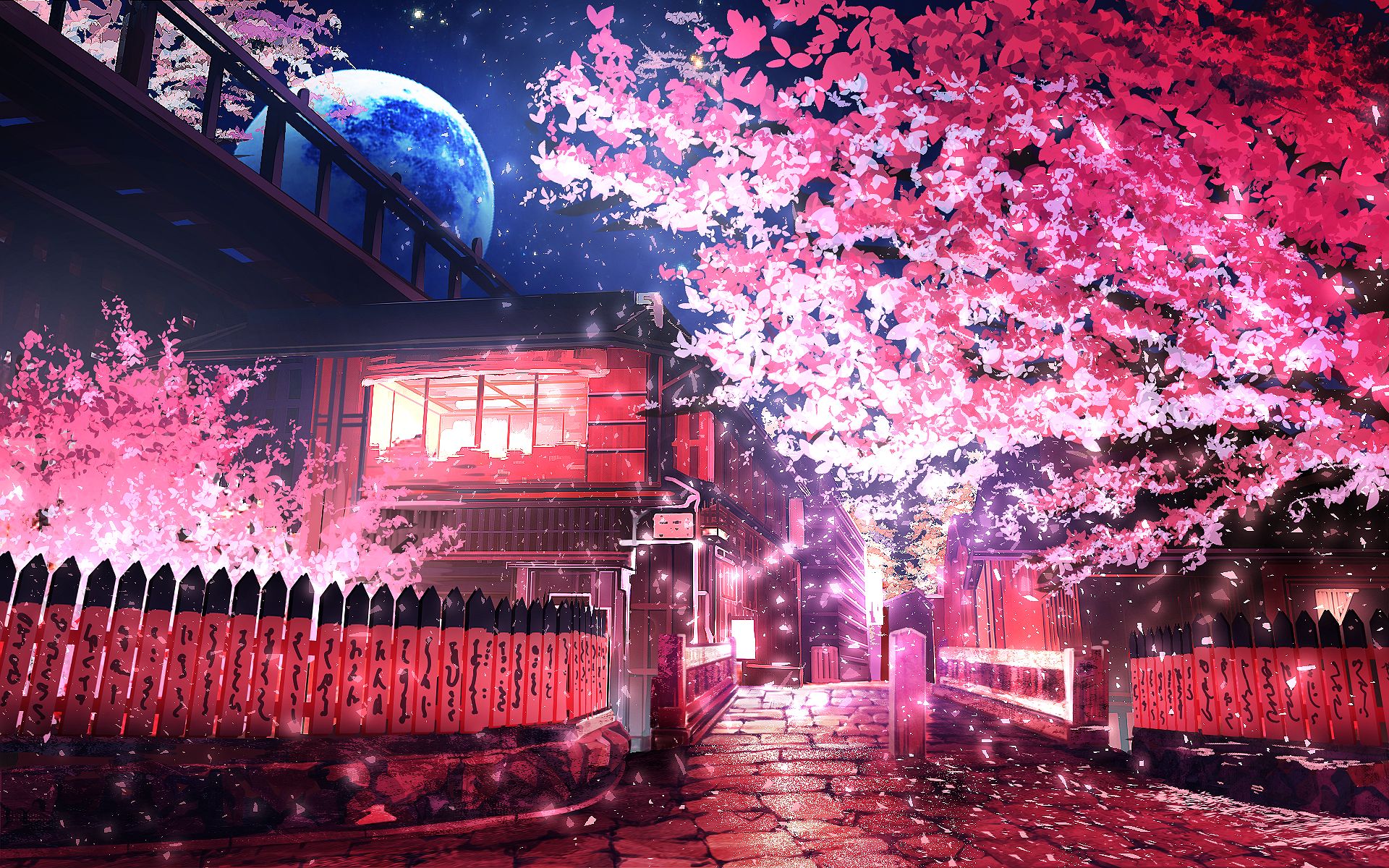 1920x1200 Spring Sakura Night Moon HD Wallpaper