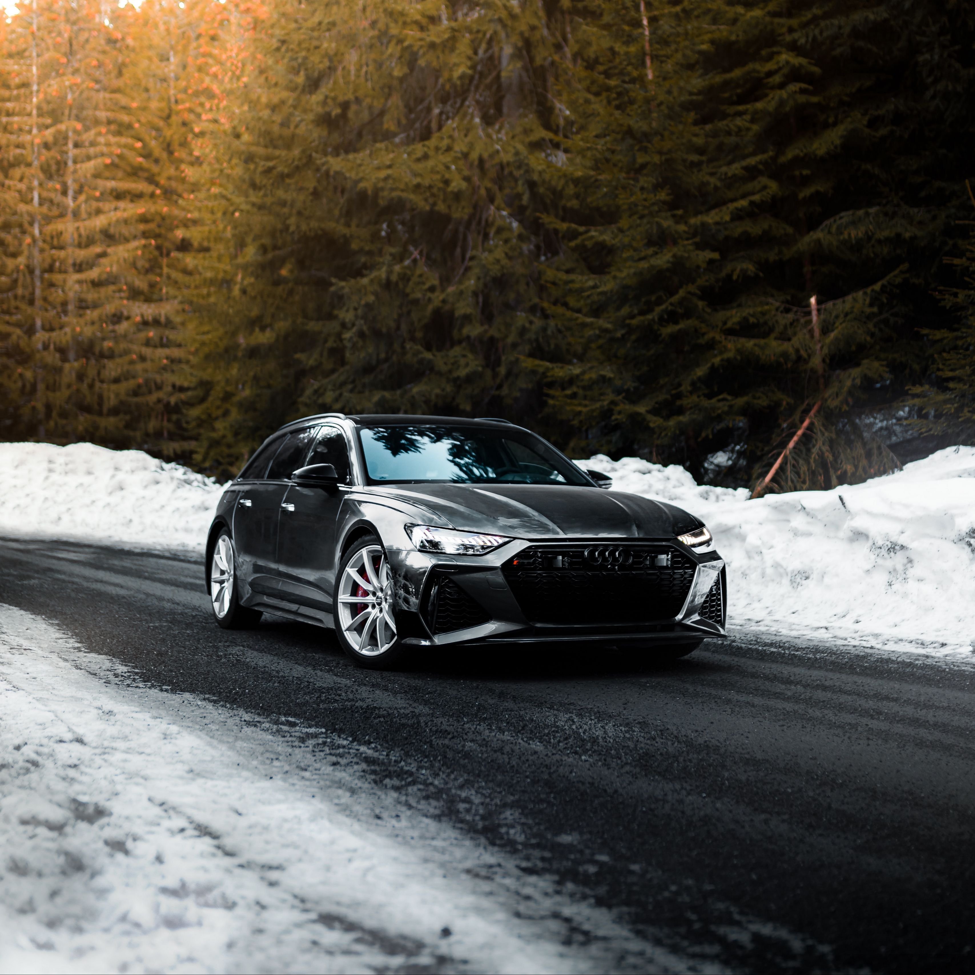 3415x3415 Download wallpaper 3415x3415 audi, car, gray, speed, road, snow, winter ipad pro 12.9 retina for parallax HD background