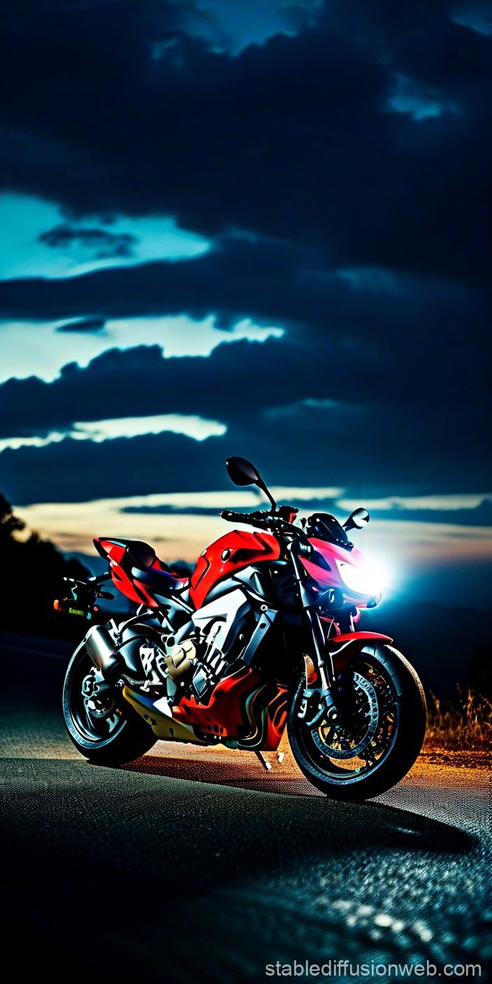 704x1408 create a walpapper with resolution 2712x1220 of a custom yamaha motorcycle in a road with dark sky Prompts. Stable Diffusion Online