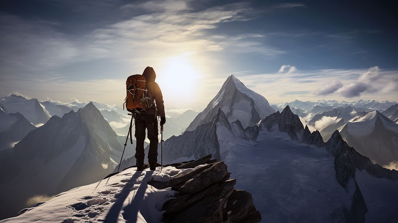 1344x753 Gambar gratis: Pendaki gunung backpacker di puncak bersalju