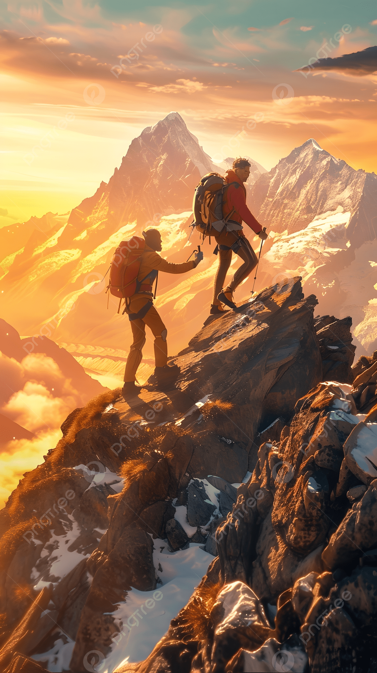 1200x2141 Foto Foto Dua Pendaki Yang Saling Membantu Mencapai Puncak Dengan Latar Belakang Pemandangan Pegunungan Yang Menakjubkan Saat Pemandangan Matahari Terbit Menangkap Tekad Dan Persahabatan Mereka Saat Mereka Mendaki Dan Gambar Untuk Download