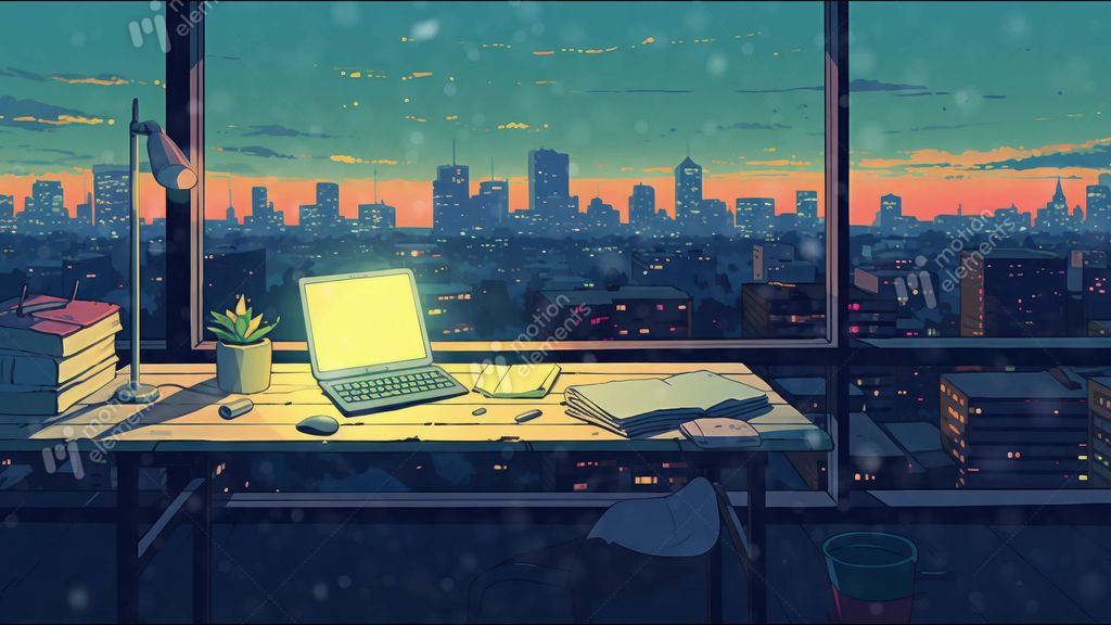 1024x576 Window view of a city at night. Lofi, anime, manga style. Desk to study. Chill