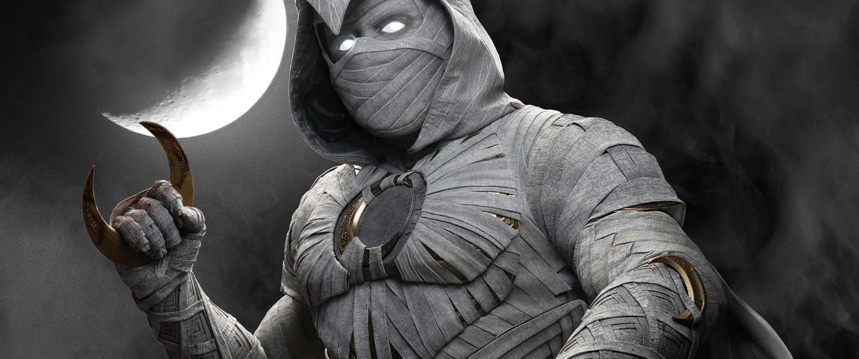 3440x1440 Moon Knight Wallpaper 4K, Monochrome, Marvel Comics