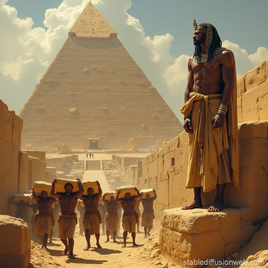 1024x1024 Pharaoh Khufu orders weary workers to build pyramid. Stable Diffusion Online