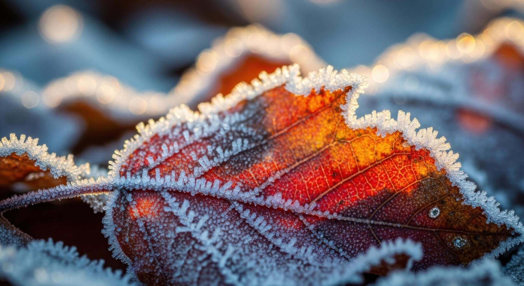 1797x980 Frost Covered Autumn Leaf Close Up Macro Photography With Ice Crystals On Red Orange Foliage Winter Morning Nature Background