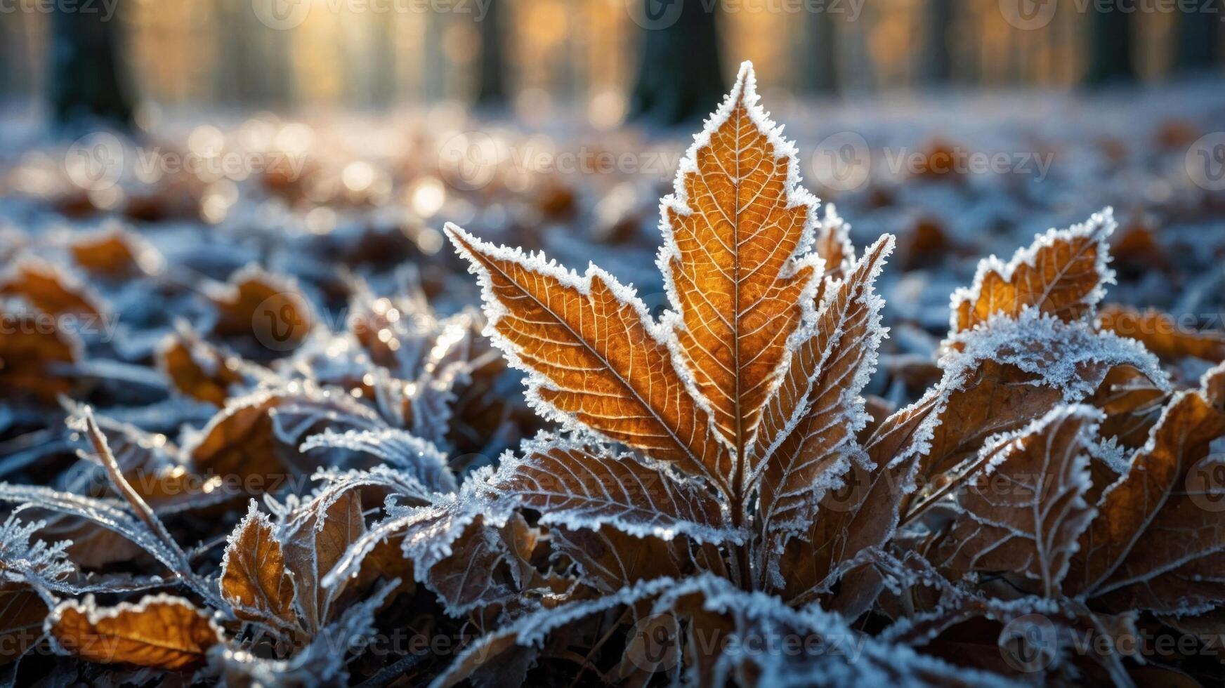 1744x980 Frost Covered Leaves In A Serene Forest During Autumn, Capturing The Beauty Of Nature's Transition