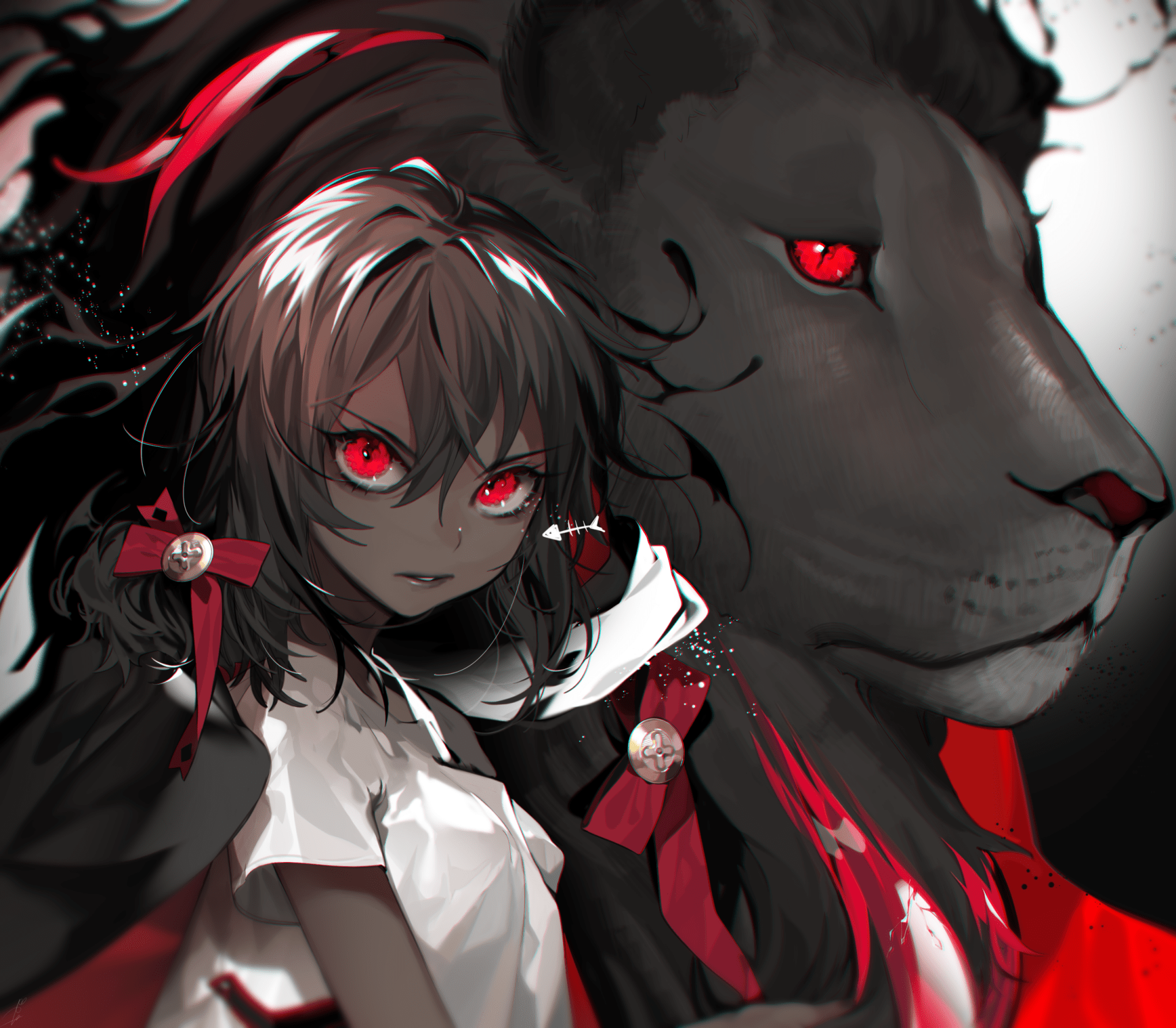 1920x1679 Fierce Bonds: Red Eyed Anime Girl With Black Lion Guardian HD Wallpaper By お久しぶりx2169