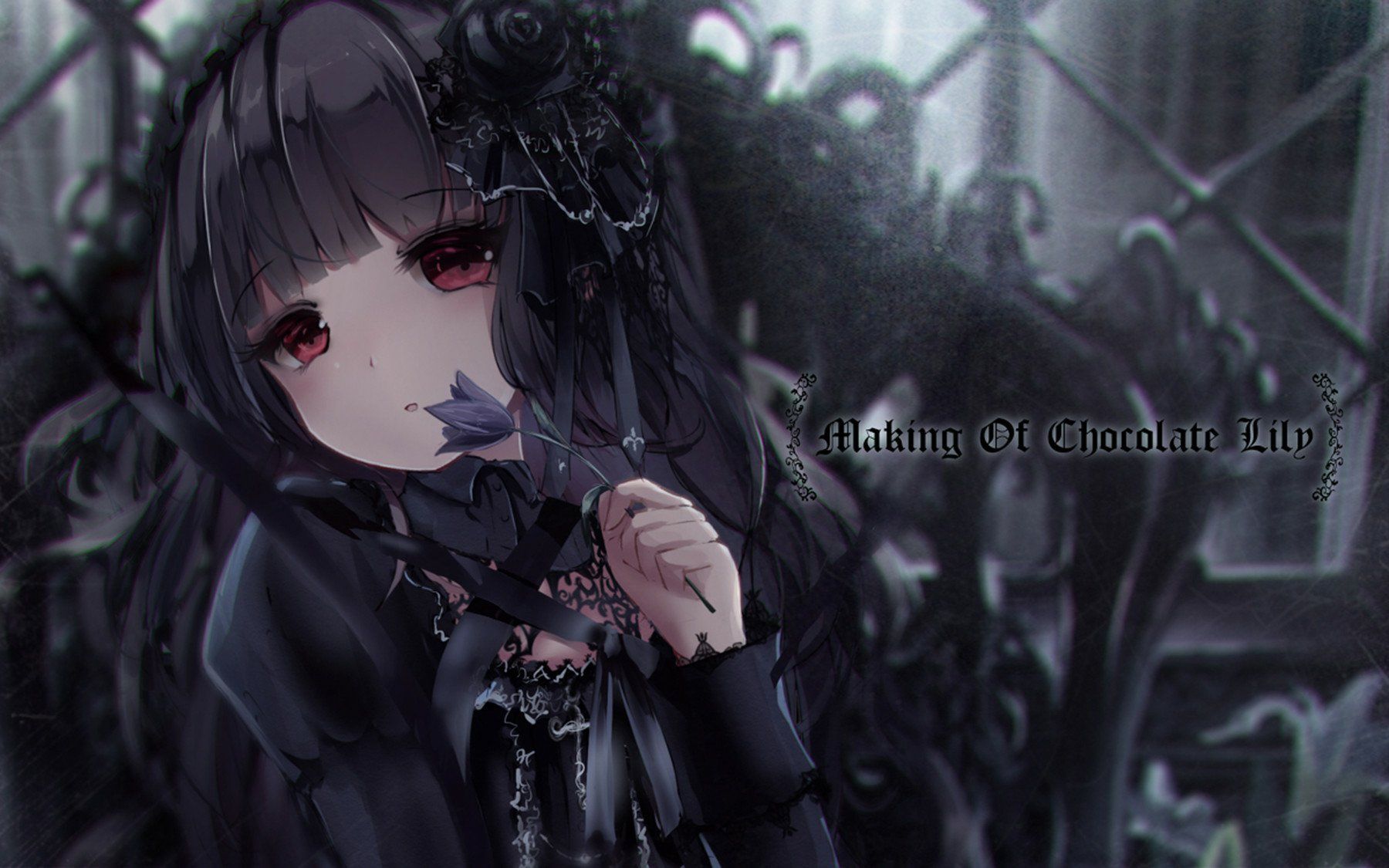 1800x1125 Dark Elegance: Anime Beauty with Black Hair & Red Eyes HD Wallpaper