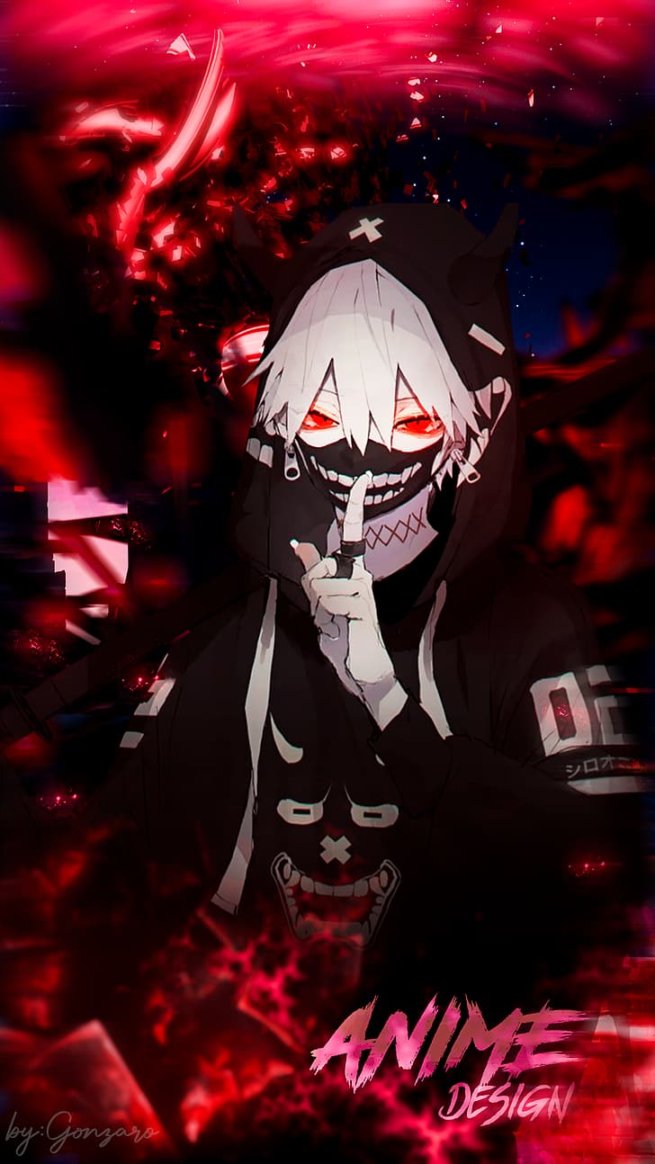 728x1294 HD wallpaper: red eyes, rings, black coat, Black Mask, katana, anime design