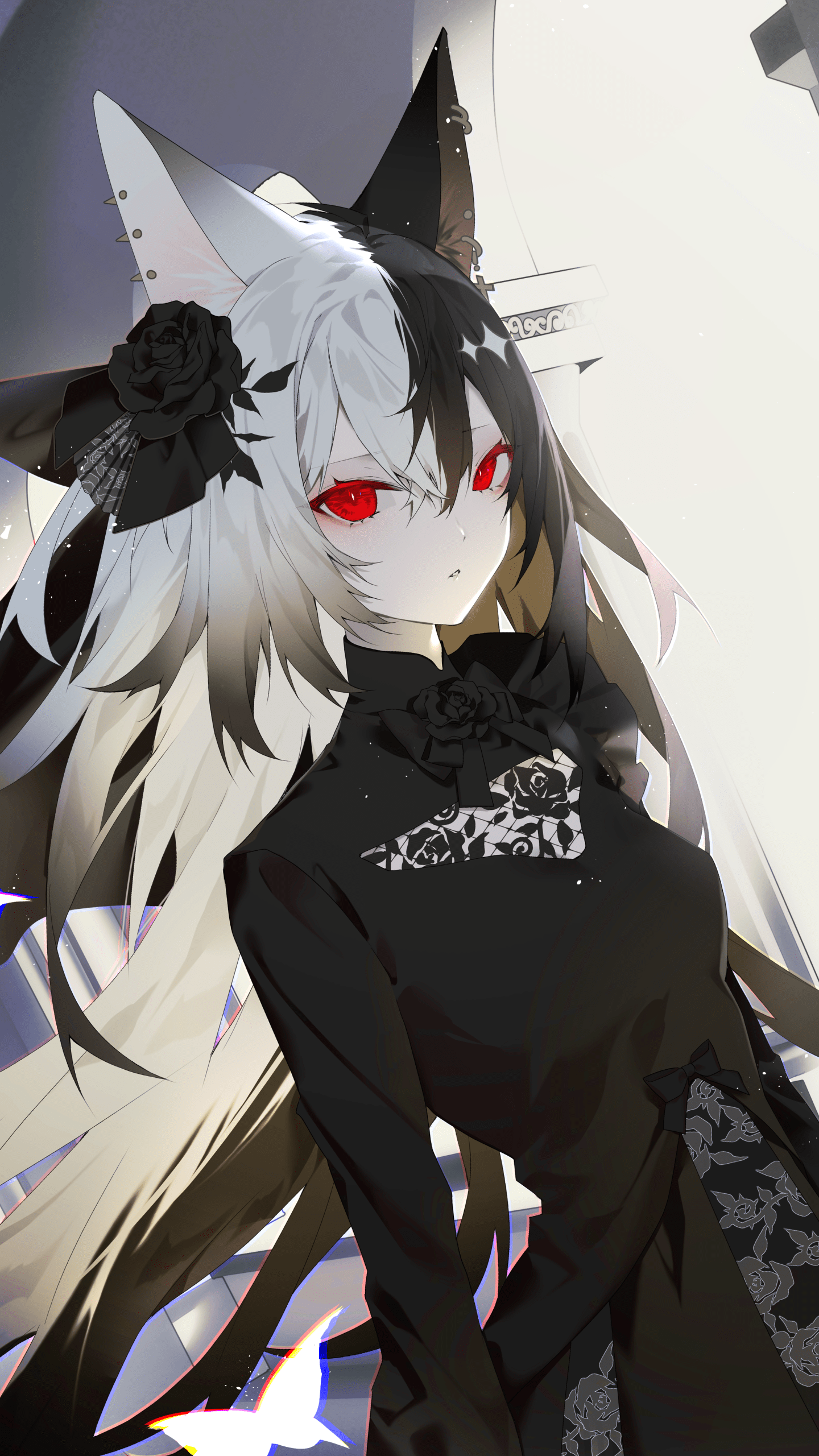 1440x2560 Elegant Anime Girl Wallpaper: Dark Roses & Fiery Eyes