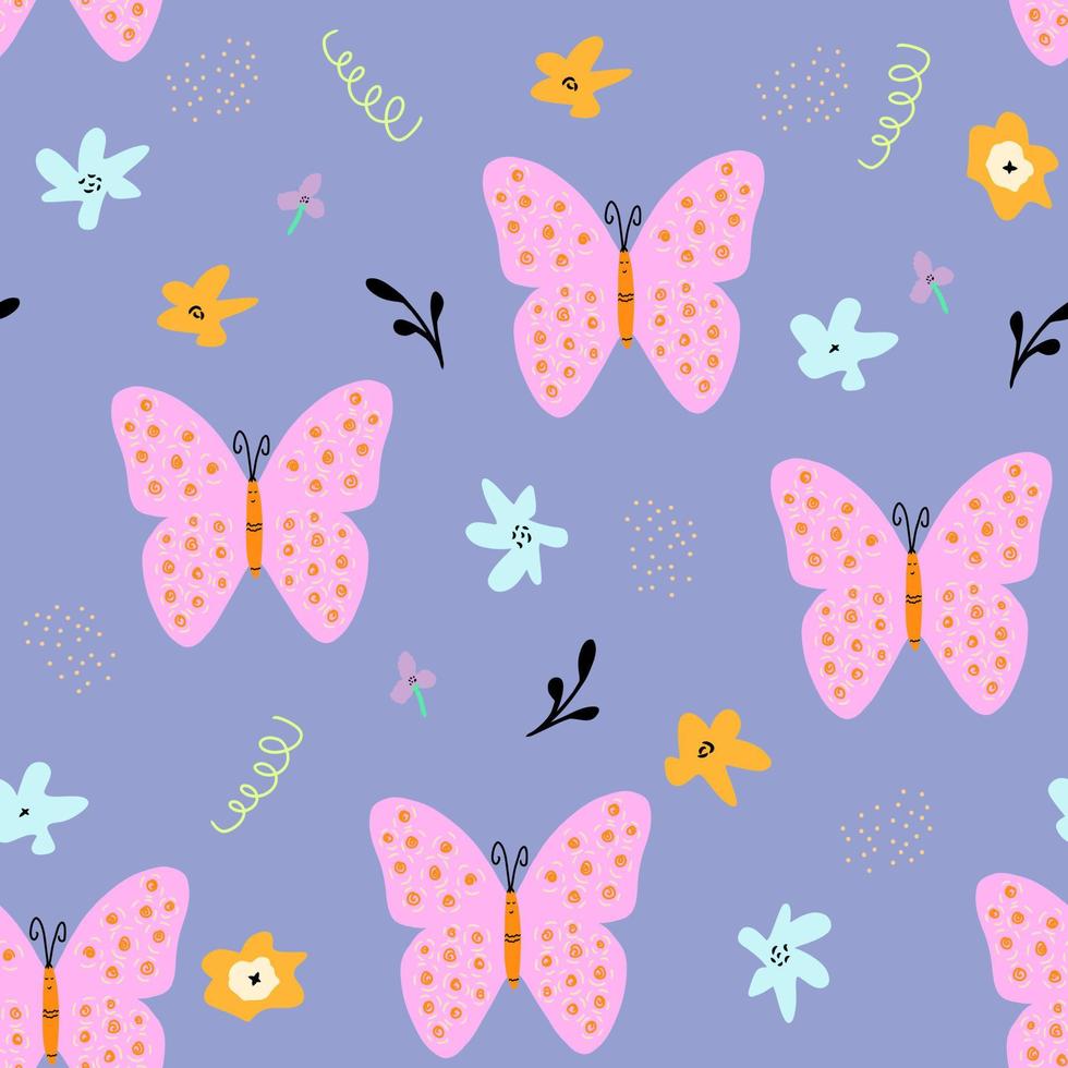 980x980 seamless pattern with abstract flowers and butterflies.Childish print for wallpaper, kids fabric, nursery interior, pastel baby shower illustration in doodle style, violet background
