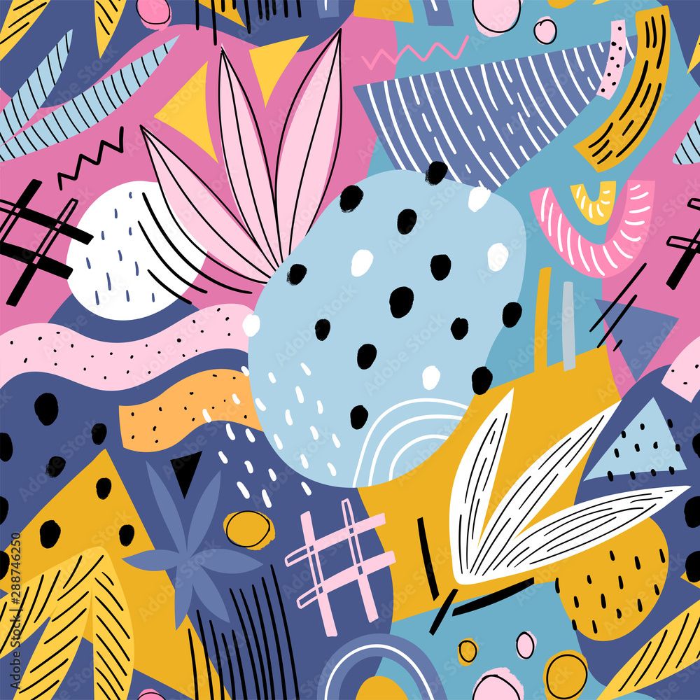 1000x1000 Creative hand drawn kids seamless pattern for print, textile, wallpaper. Modern abstract leaves background. Stock Vector