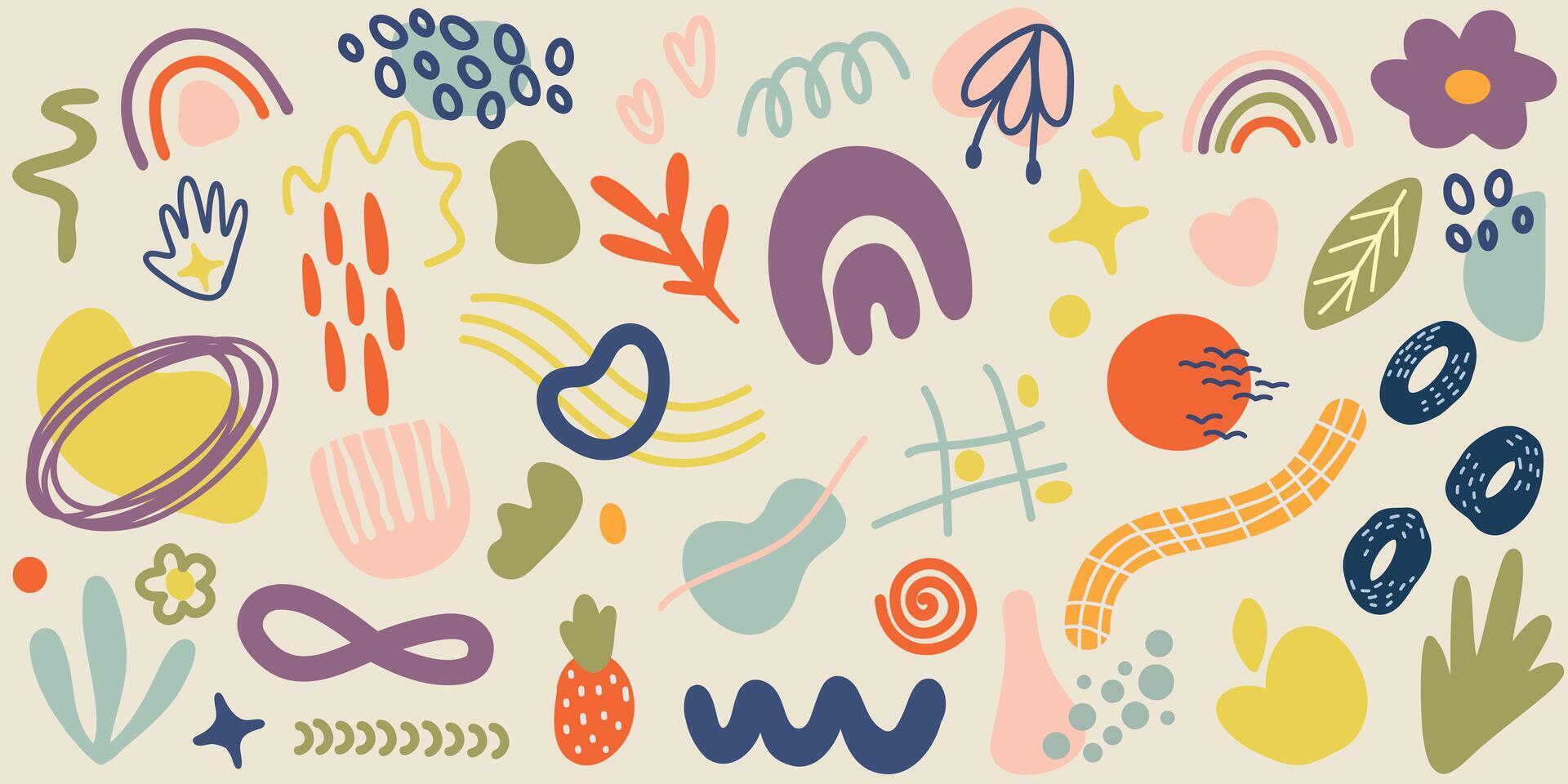 1920x960 Set of trendy doodle and abstract art background. Creative Hand drawn various shapes elements for kids and school cover, abstract wall art for home decor, wallpaper, prints and pattern design 54120825 Vector