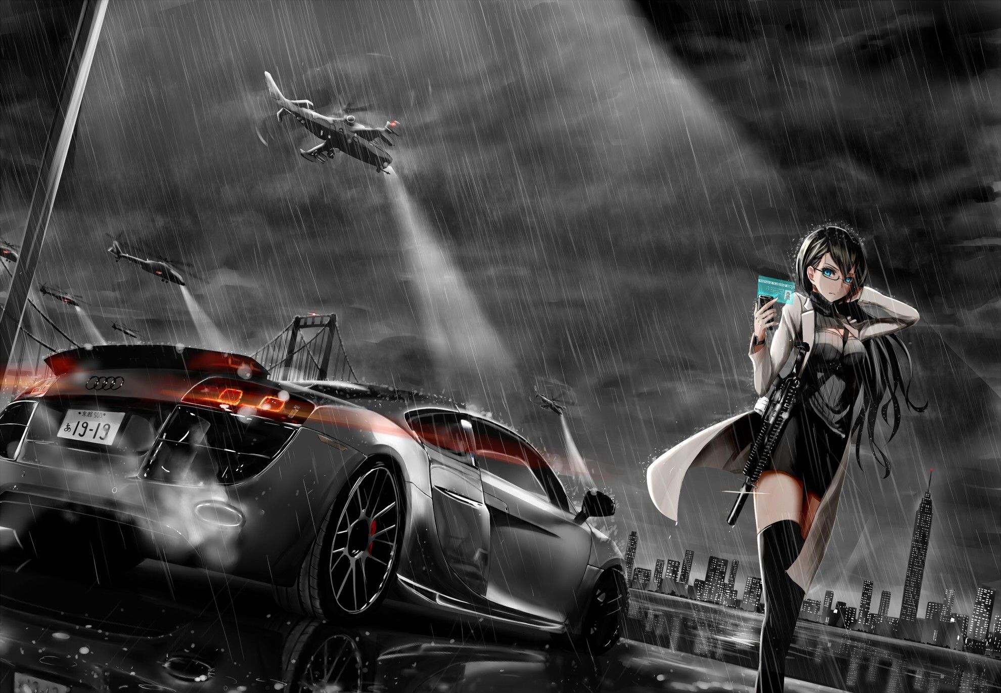1980x1370 Desktop wallpaper: Car, Audi, Rain, Anime, Original, Black Hair, Blue Eyes, Gun, Helicopter, Long Hair, Night 4K free download for PC. 666977