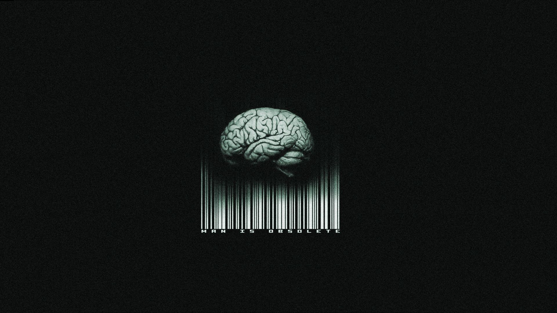 1920x1080 Wallpaper black background, brain, man is obsolete, barcode for mobile and desktop, section минимализм, resolution 1920x1080