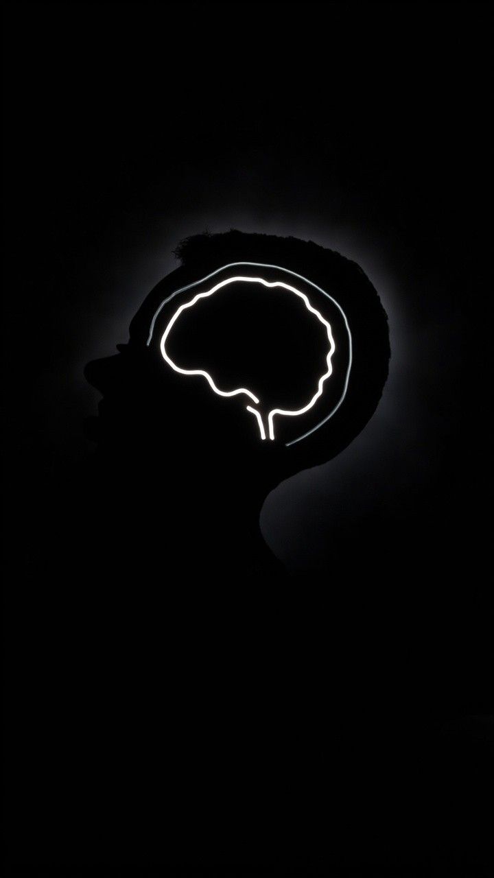 720x1280 Dark Human Head Silhouette with Glowing Digital Brain Outline on Black Background