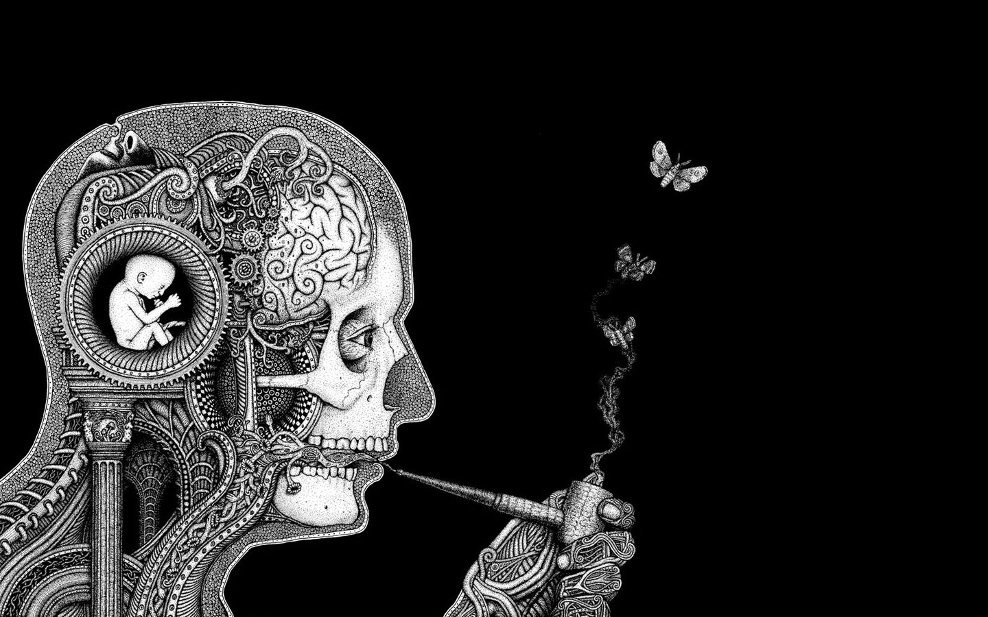 1440x900 Desktop wallpaper: Smoking Pipe, Brain, Creepy, Dark 4K free download for PC. 1434197