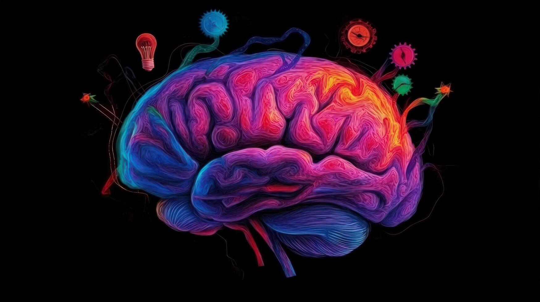 1749x980 Colorful brain, ideas, innovation, dark background, concept art