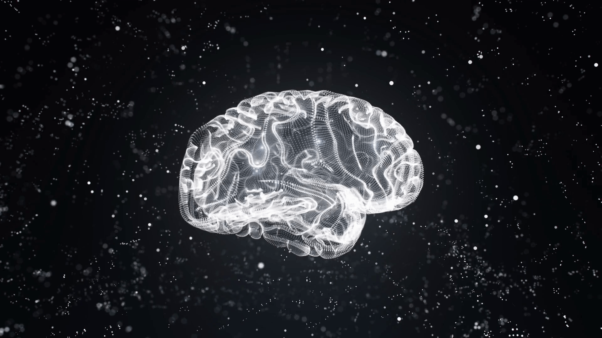 1920x1080 Computer animation on glowing human brain rotating against black background illuminated with grey color