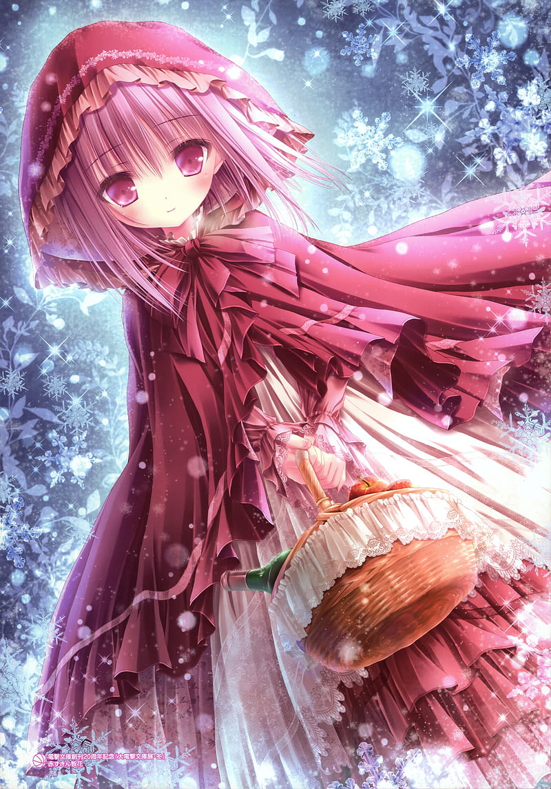 800x1144 Cute anime girl, hoodie, snow, winter, cape, loli, dress, basket, Anime, HD phone wallpaper