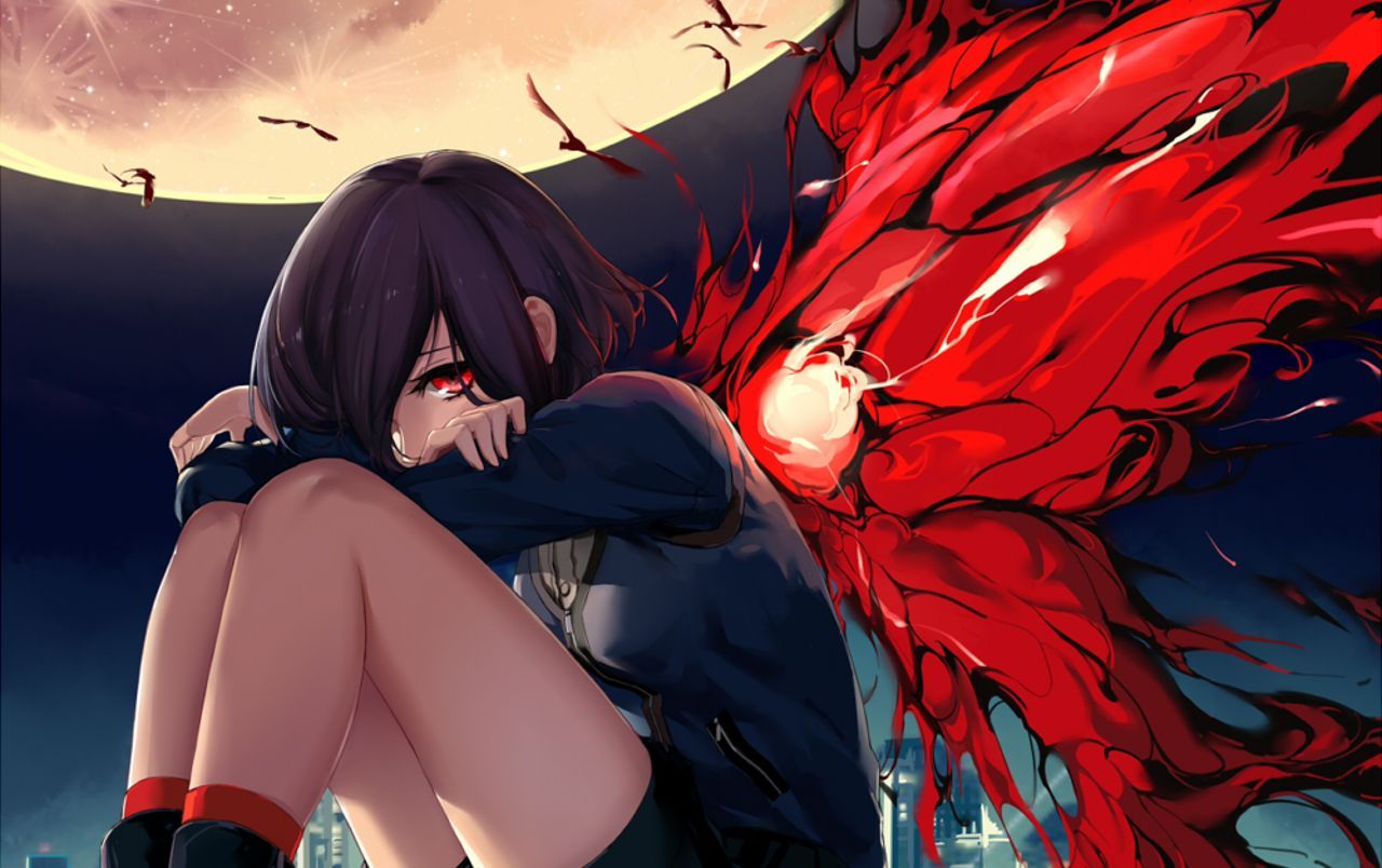 1280x804 Desktop wallpaper: Touka Kirishima, Anime, Short Hair, Cute, Tokyo Ghoul, Night, Wings, Red Eyes, Kagune (Tokyo Ghoul), Moon, Purple Hair 4K free download for PC. 1490892